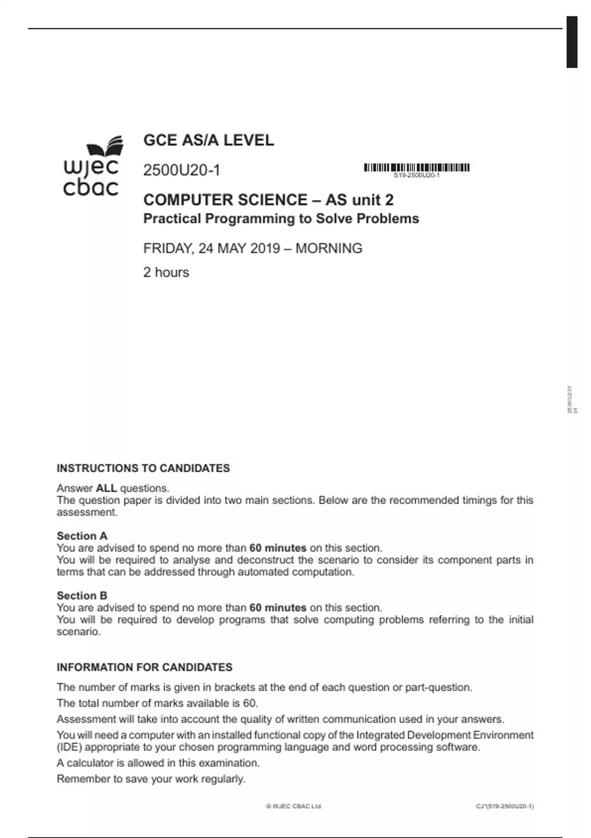 GCE AS/A LEVEL 2500U20-1 COMPUTER SCIENCE – AS unit 2 Practical ...