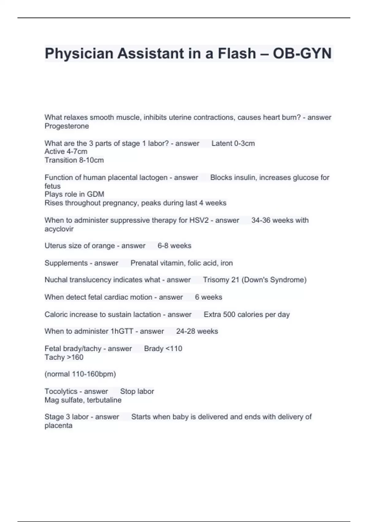 Physician Assistant in a Flash – OB-GYN Questions with correct Answers ...