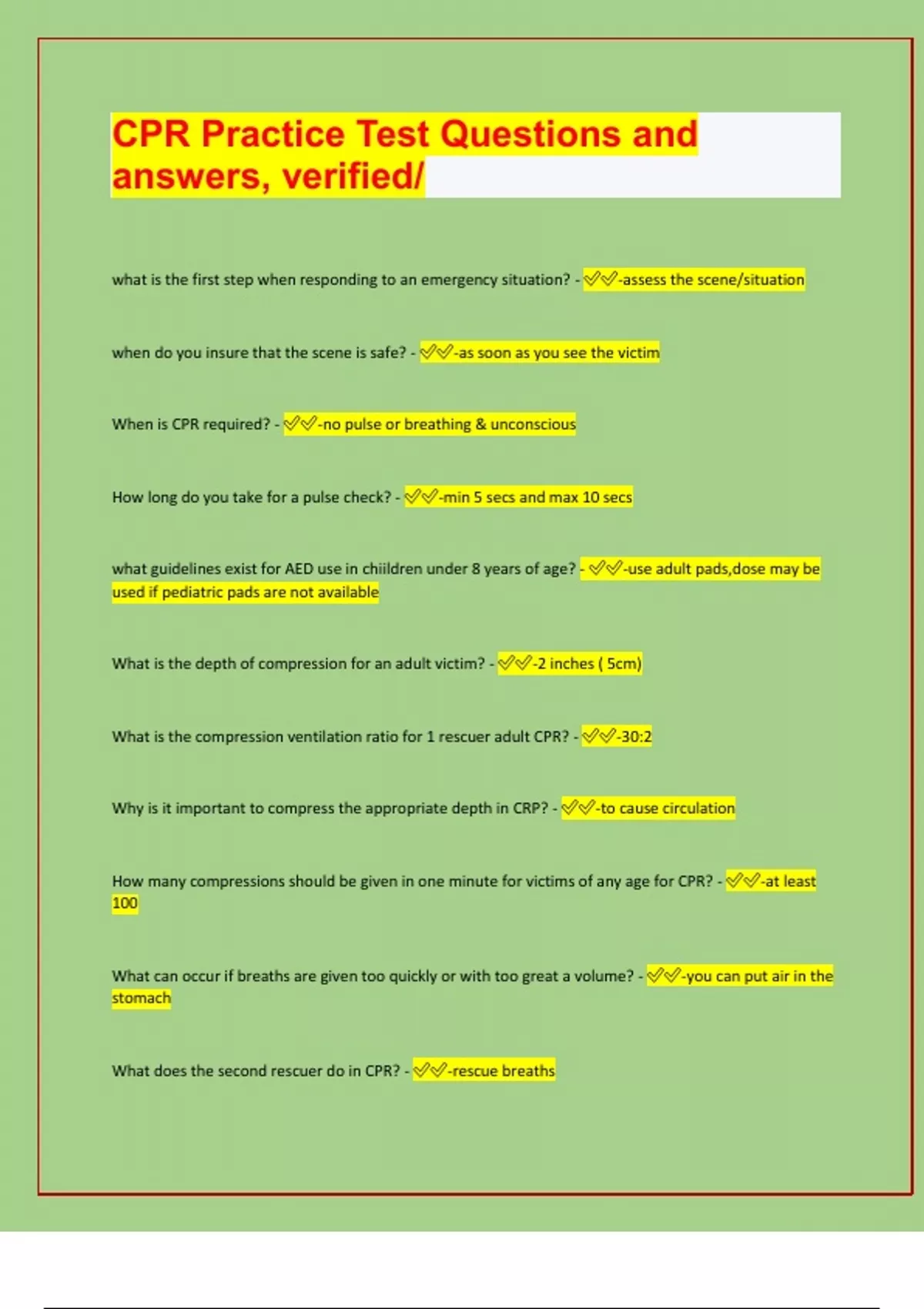CPR Practice Test Questions and answers, verified/LATEST EXAM