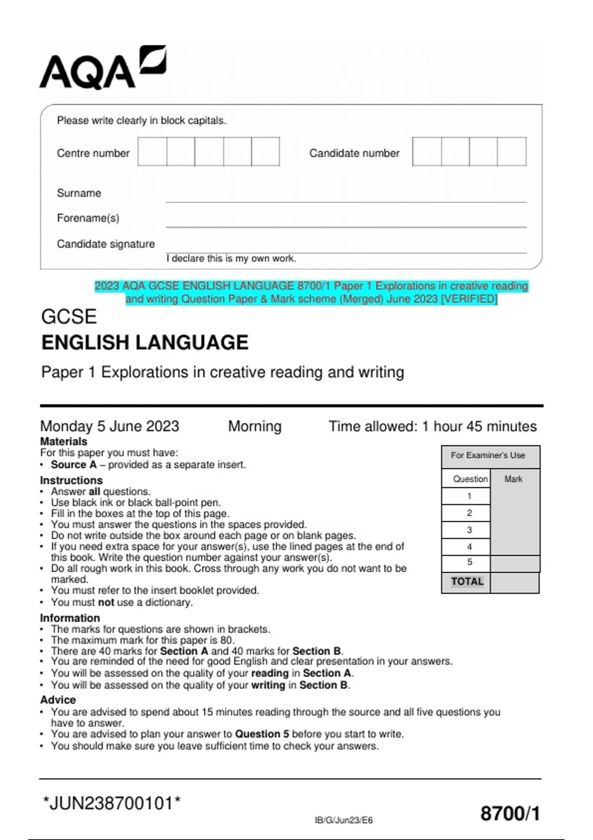 2023 AQA GCSE ENGLISH LANGUAGE 8700/1 Paper 1 Explorations in creative reading and writing