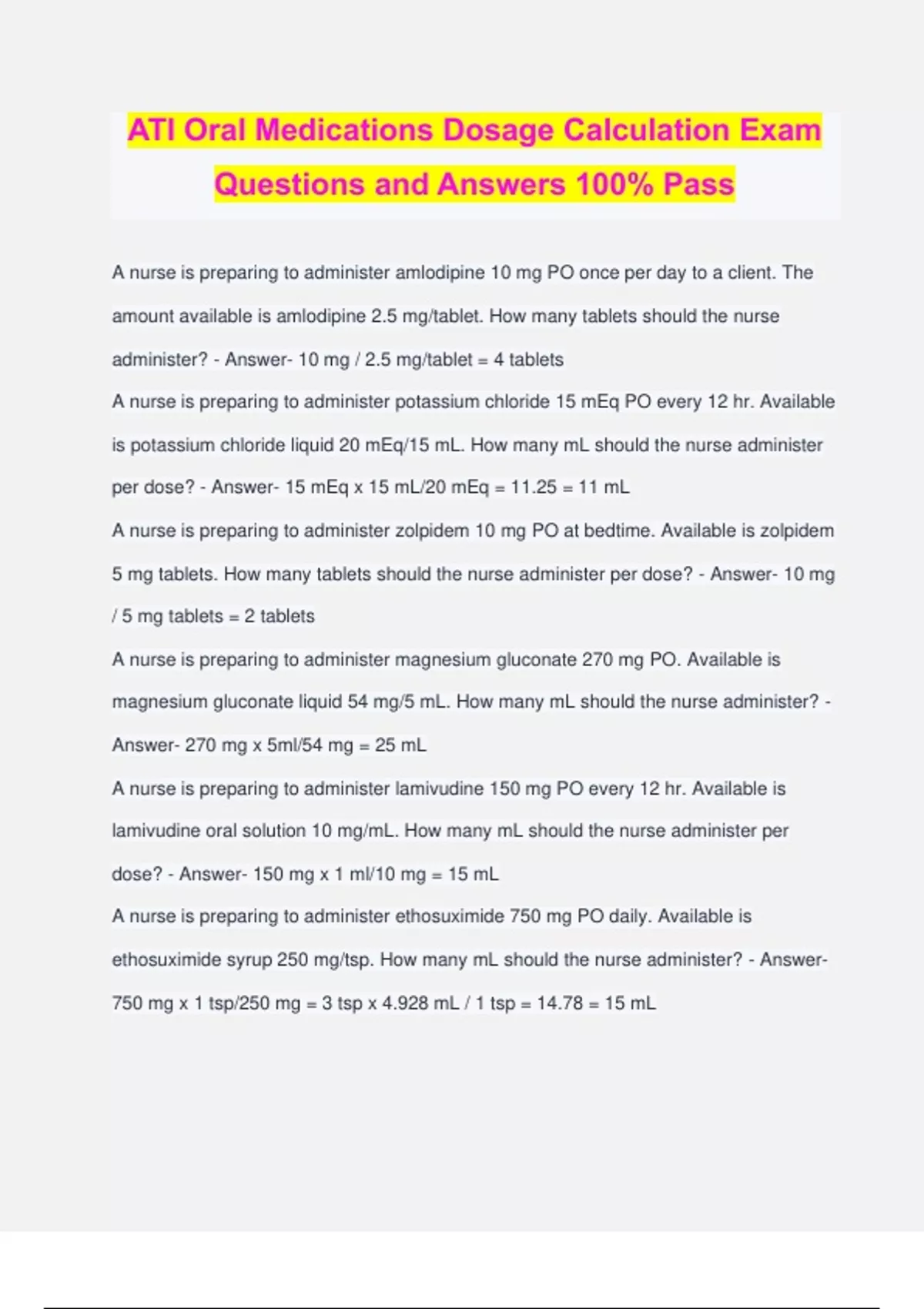 ATI Oral Medications Dosage Calculation Exam Questions and Answers 100