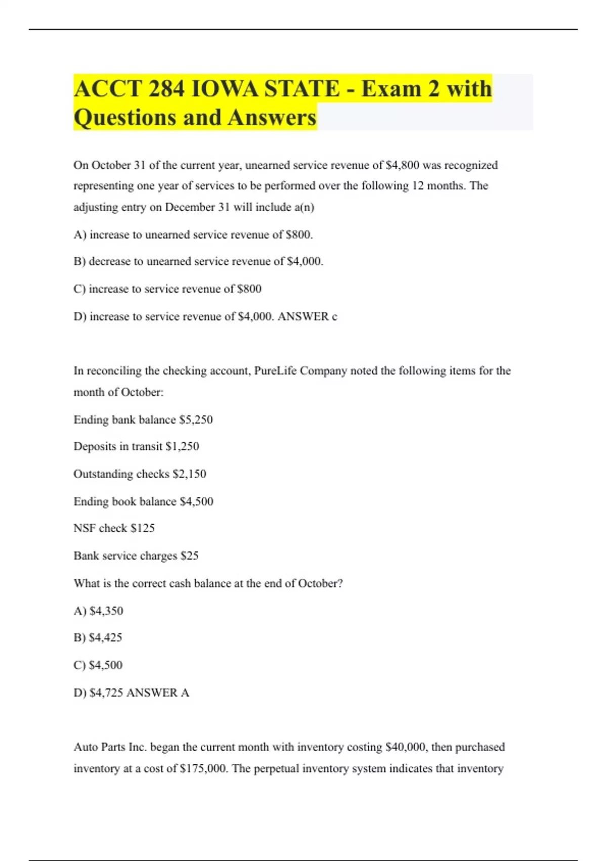 ACCT 284 IOWA STATE - Exam 2 with Questions and Answers - ACCT - Stuvia US
