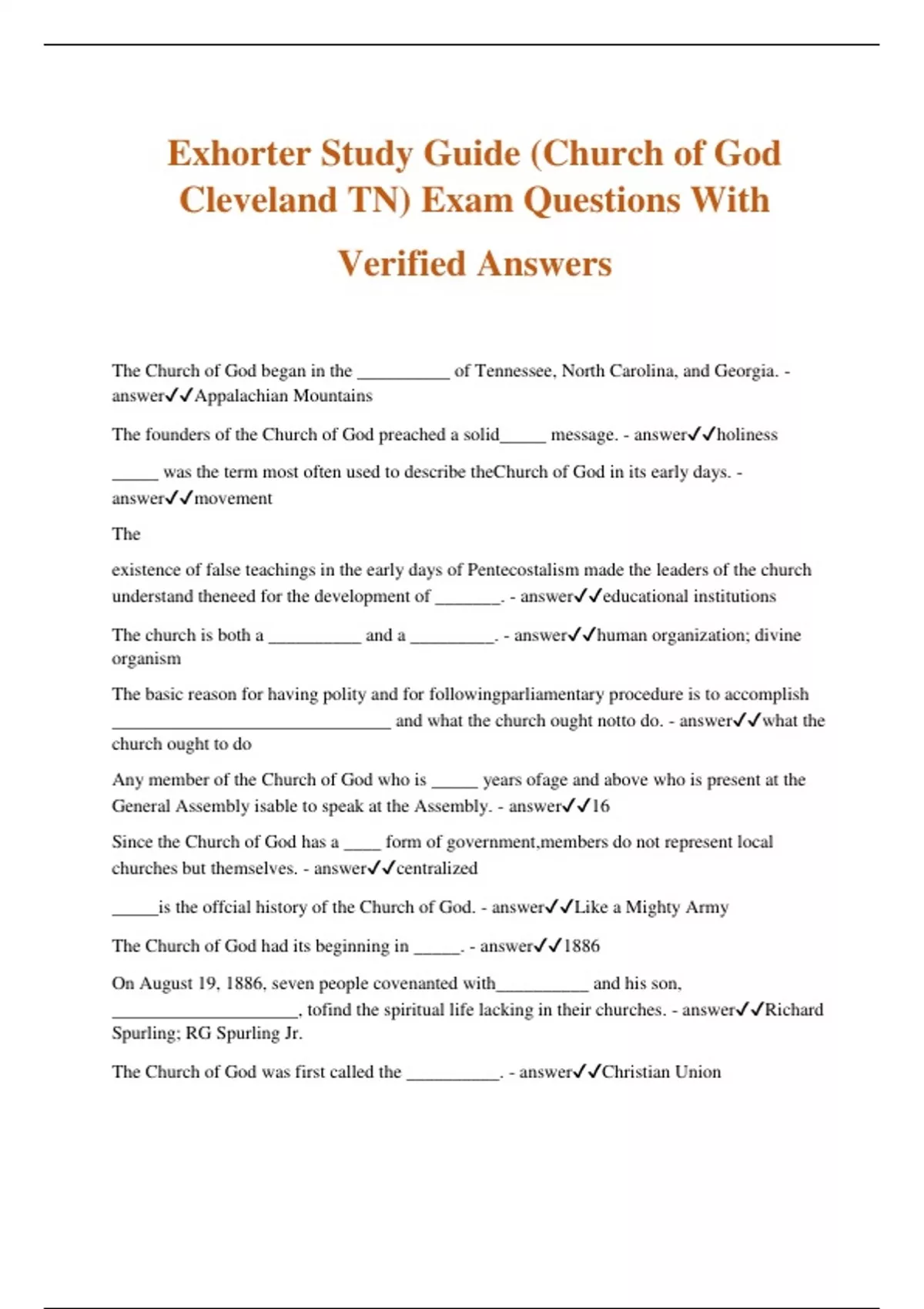 Exhorter Study Guide (Church of God Cleveland TN) Exam Questions With ...