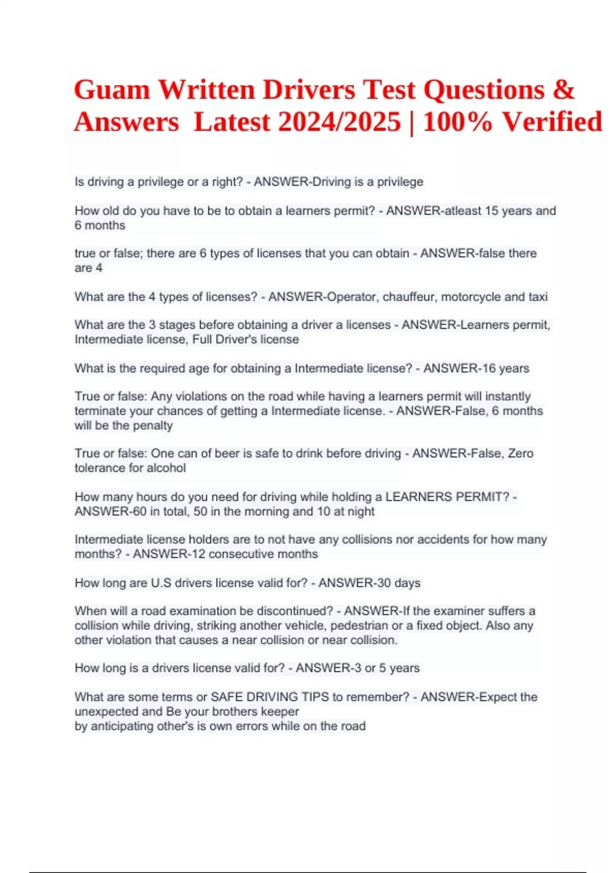 Guam Written Drivers Test Questions & Answers Latest 2024/2025 100