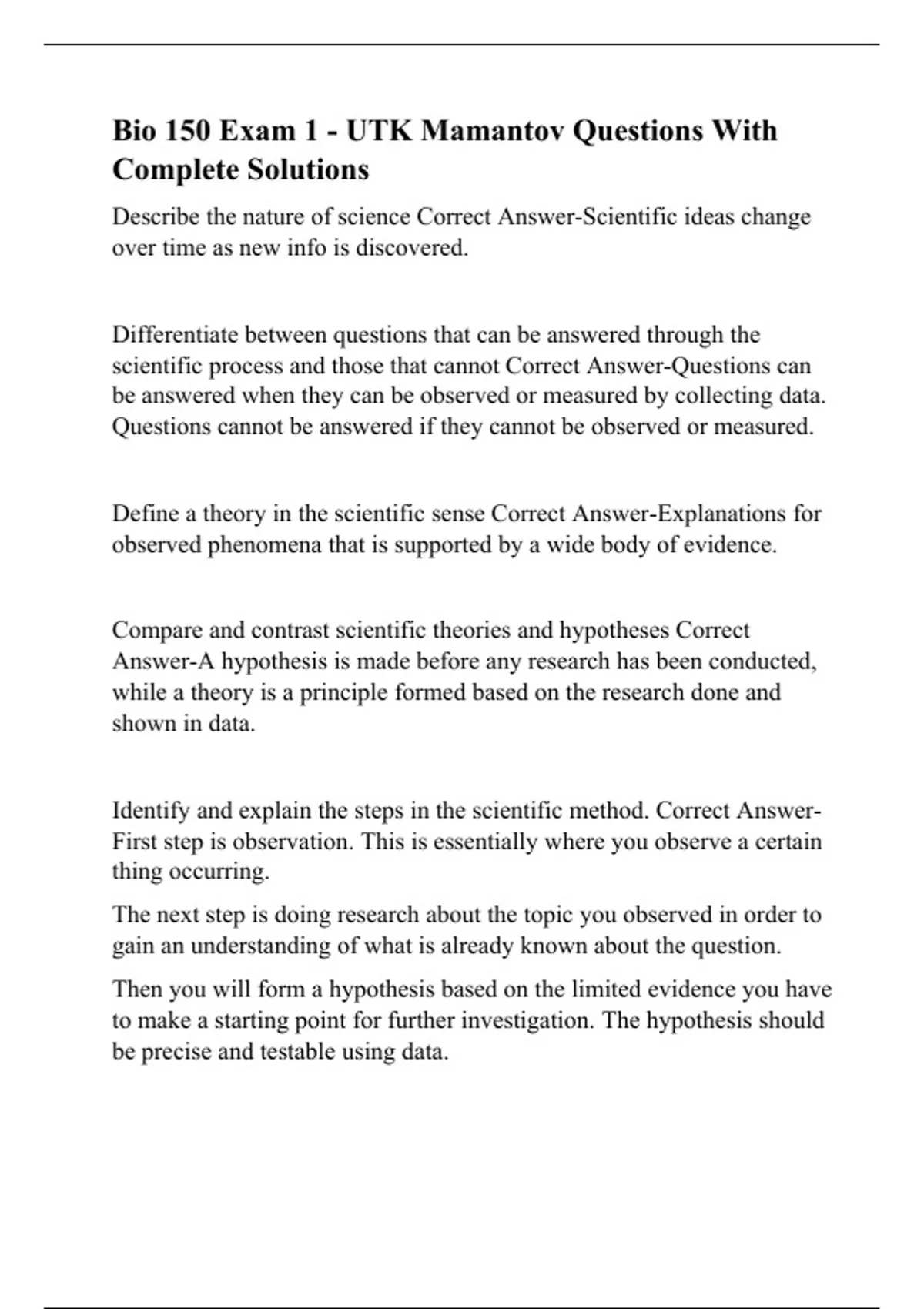 Bio 150 Exam 1 - UTK Mamantov Questions With Complete Solutions - Bio ...