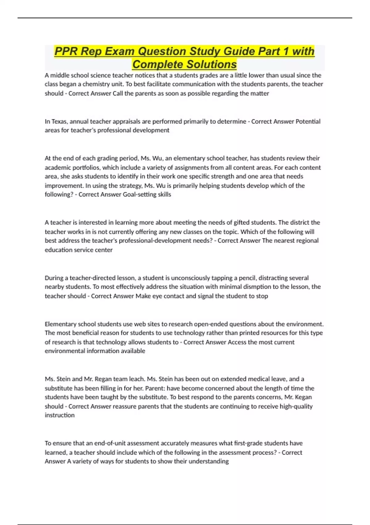 PPR Rep Exam Question Study Guide Part 1 with Complete Solutions PPR