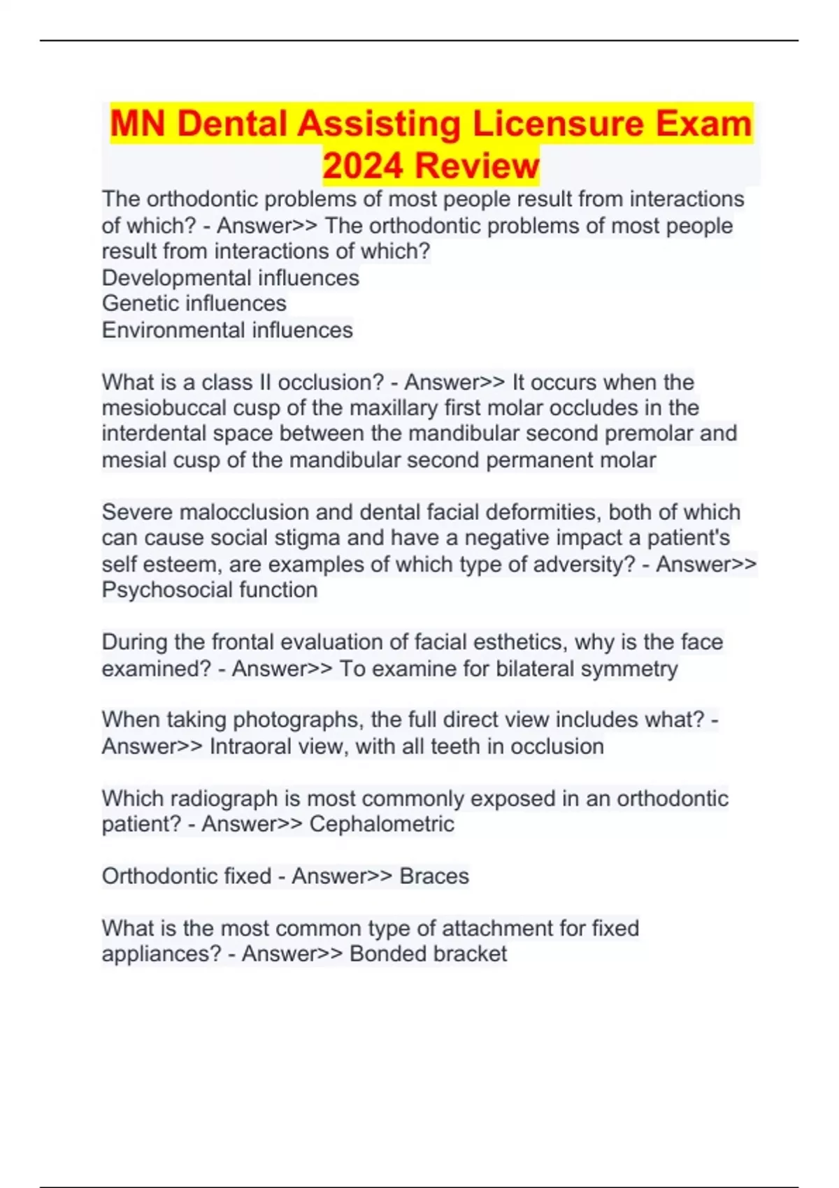 MN Dental Assisting Licensure Exam 2024 Review MN dental Stuvia US
