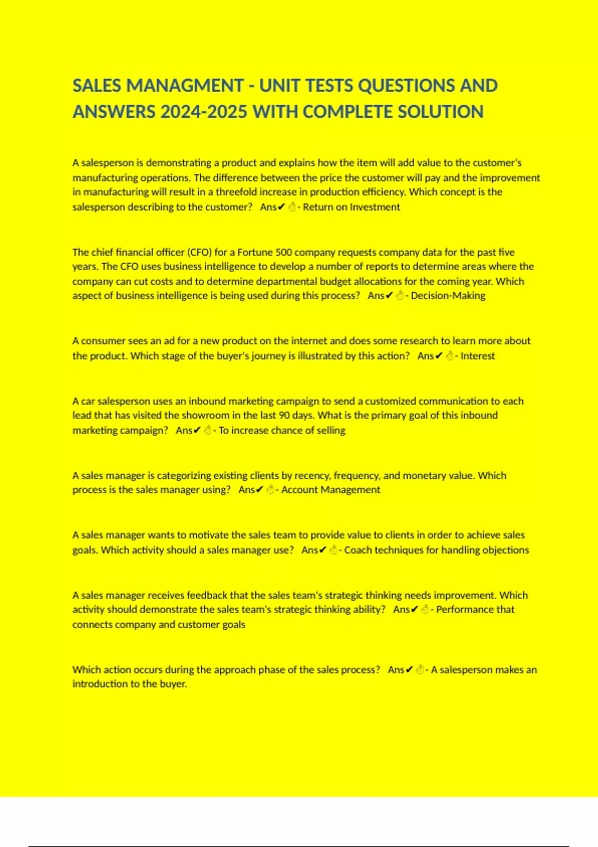 SALES MANAGMENT - UNIT TESTS QUESTIONS AND ANSWERS WITH COMPLETE ...