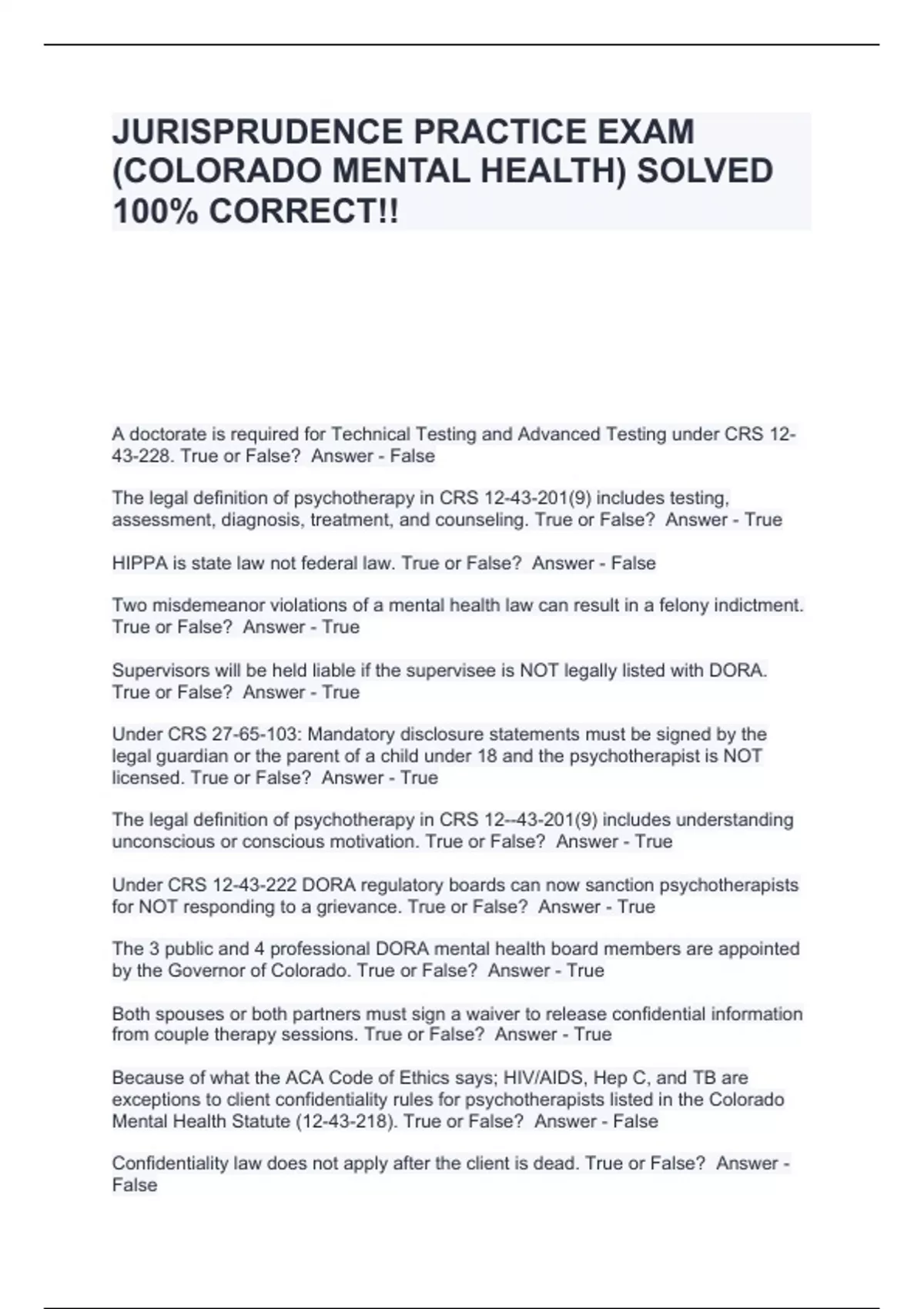 JURISPRUDENCE PRACTICE EXAM (COLORADO MENTAL HEALTH) SOLVED 100