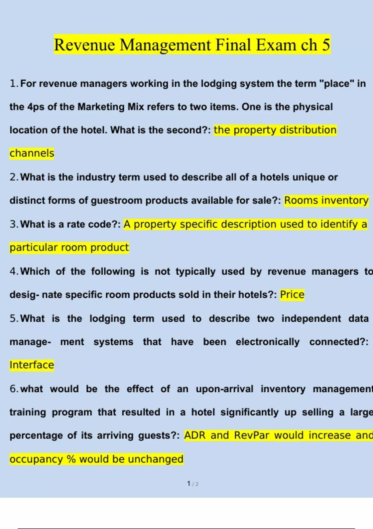 Revenue Management Final Exam ch 5 LATEST 2024/2025 ACTUAL QUESTIONS ...