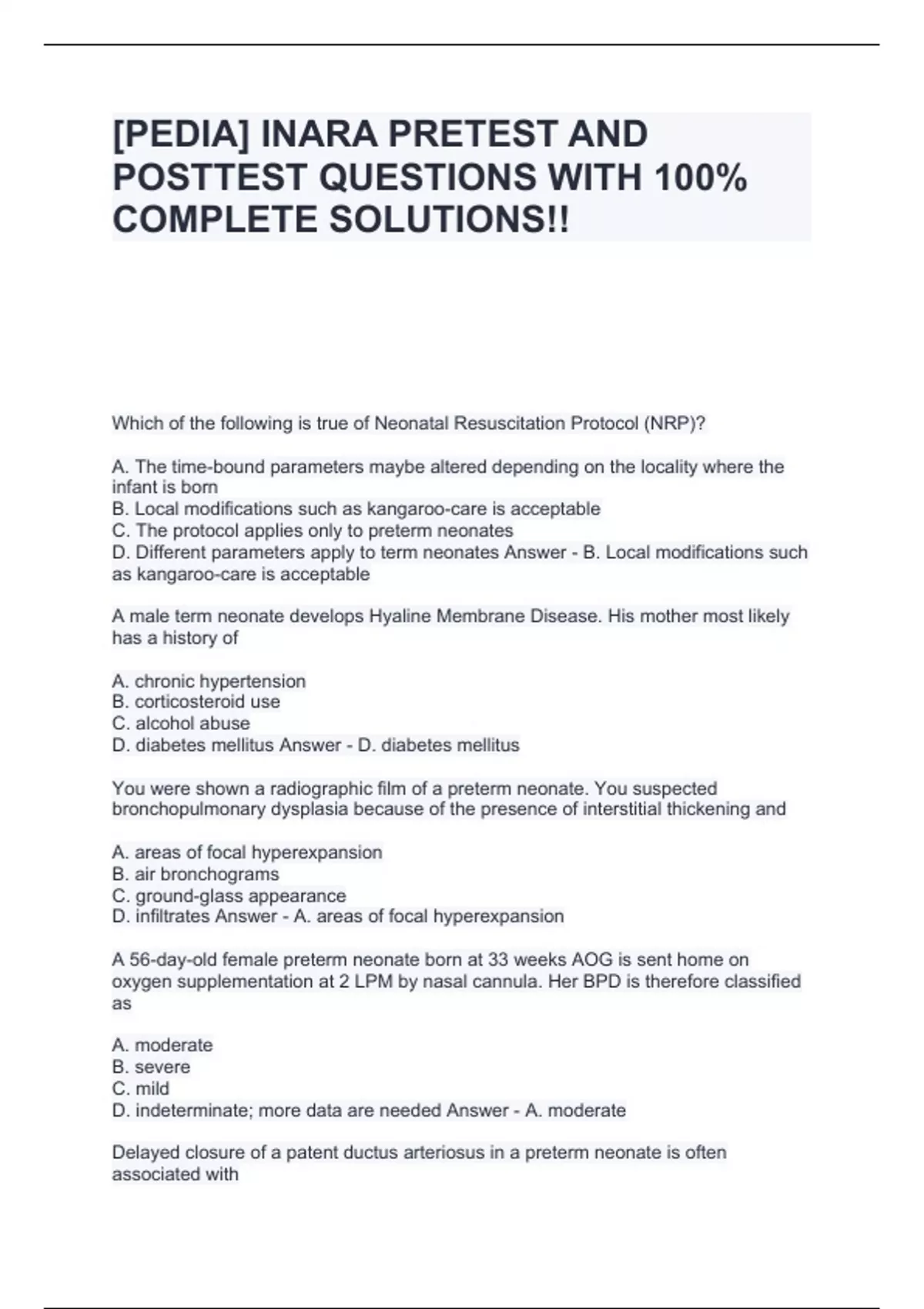 [PEDIA] INARA PRETEST AND POSTTEST QUESTIONS WITH 100% COMPLETE ...
