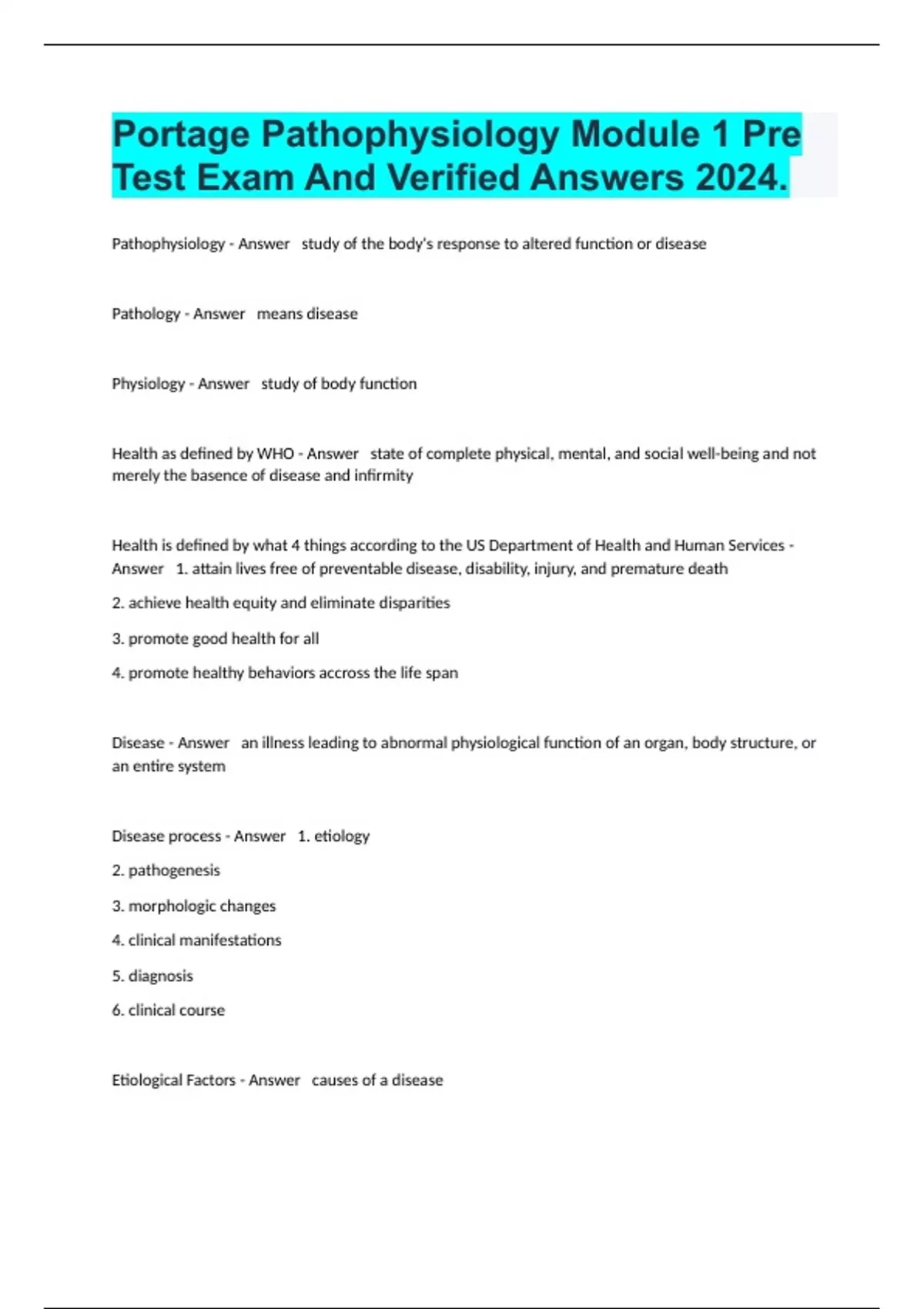 Portage Pathophysiology Module 1 Pre Test Exam And Verified Answers ...