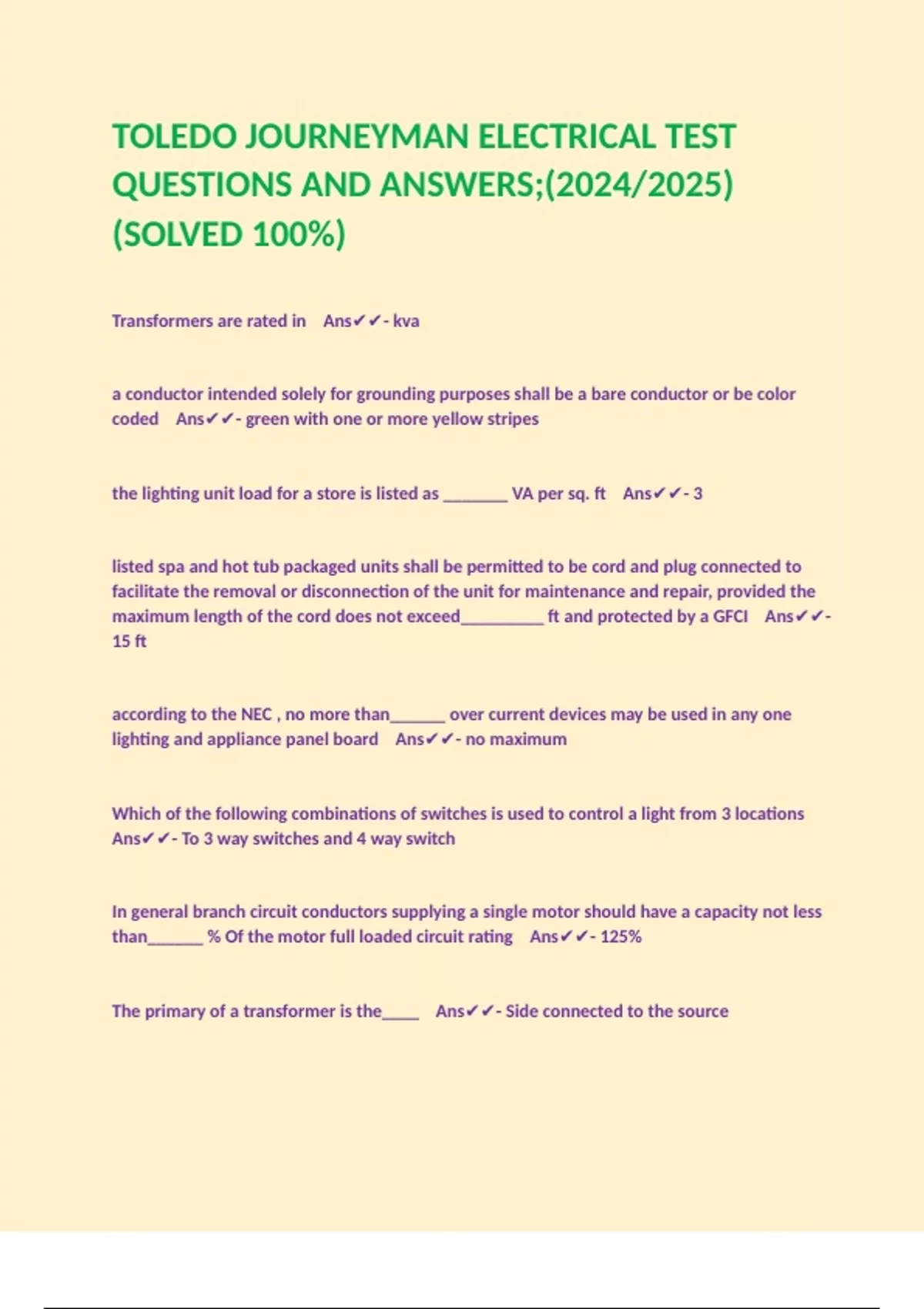TOLEDO JOURNEYMAN ELECTRICAL TEST QUESTIONS AND ANSWERS;(2024/2025