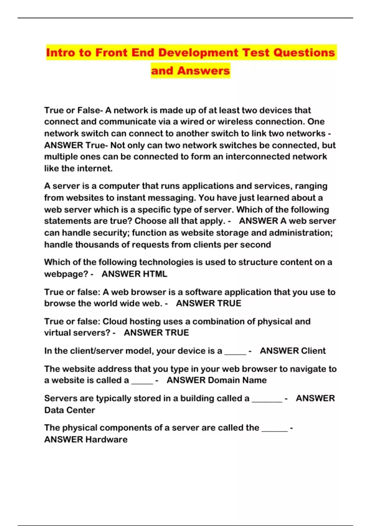 Intro to Front End Development Test Questions and Answers - Intro to ...