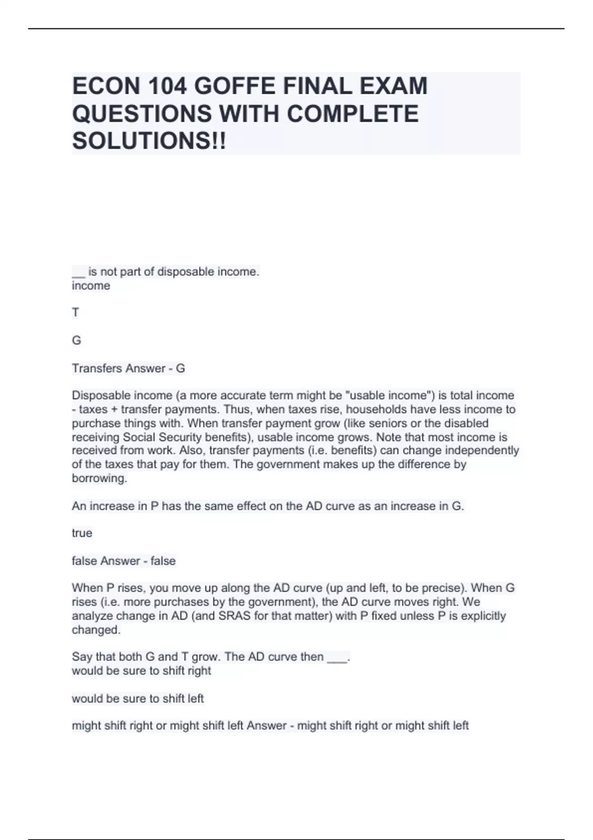 ECON 104 GOFFE FINAL EXAM QUESTIONS WITH COMPLETE SOLUTIONS!! - ECON ...