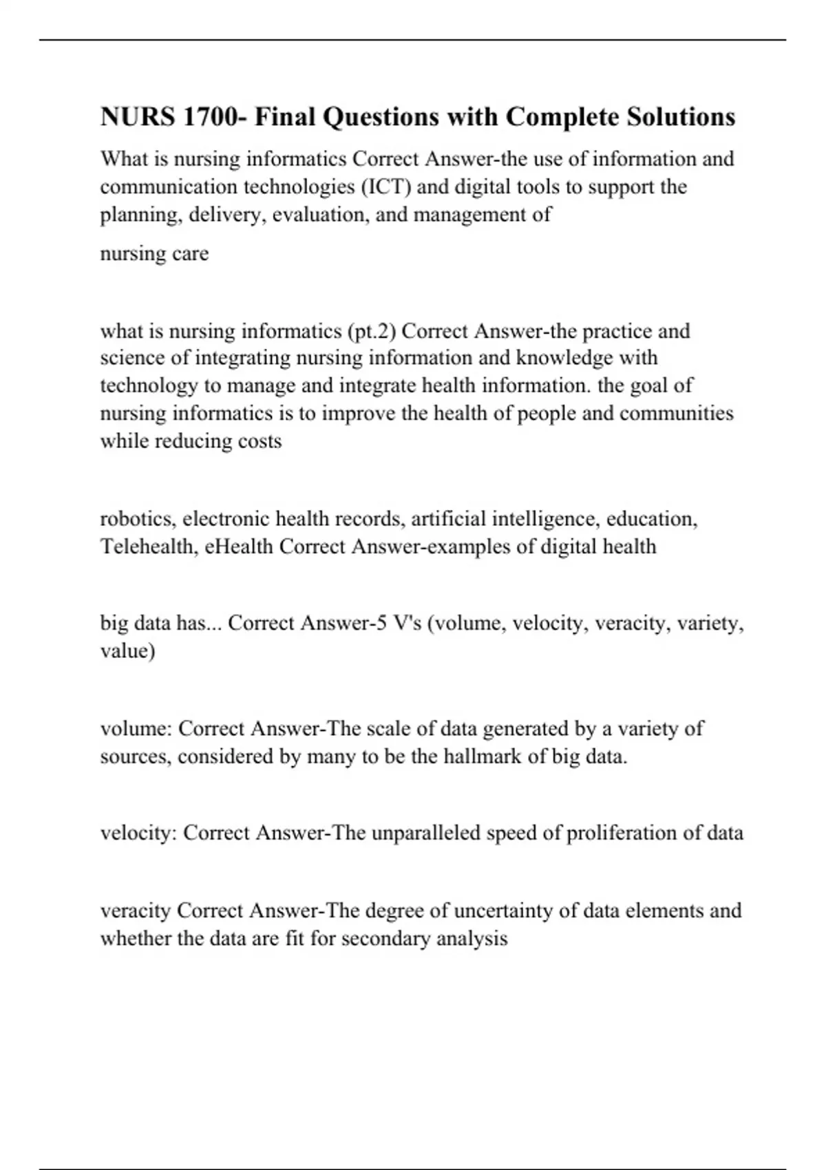 NURS 1700- Final Questions with Complete Solutions - NURS 1700 - Stuvia US