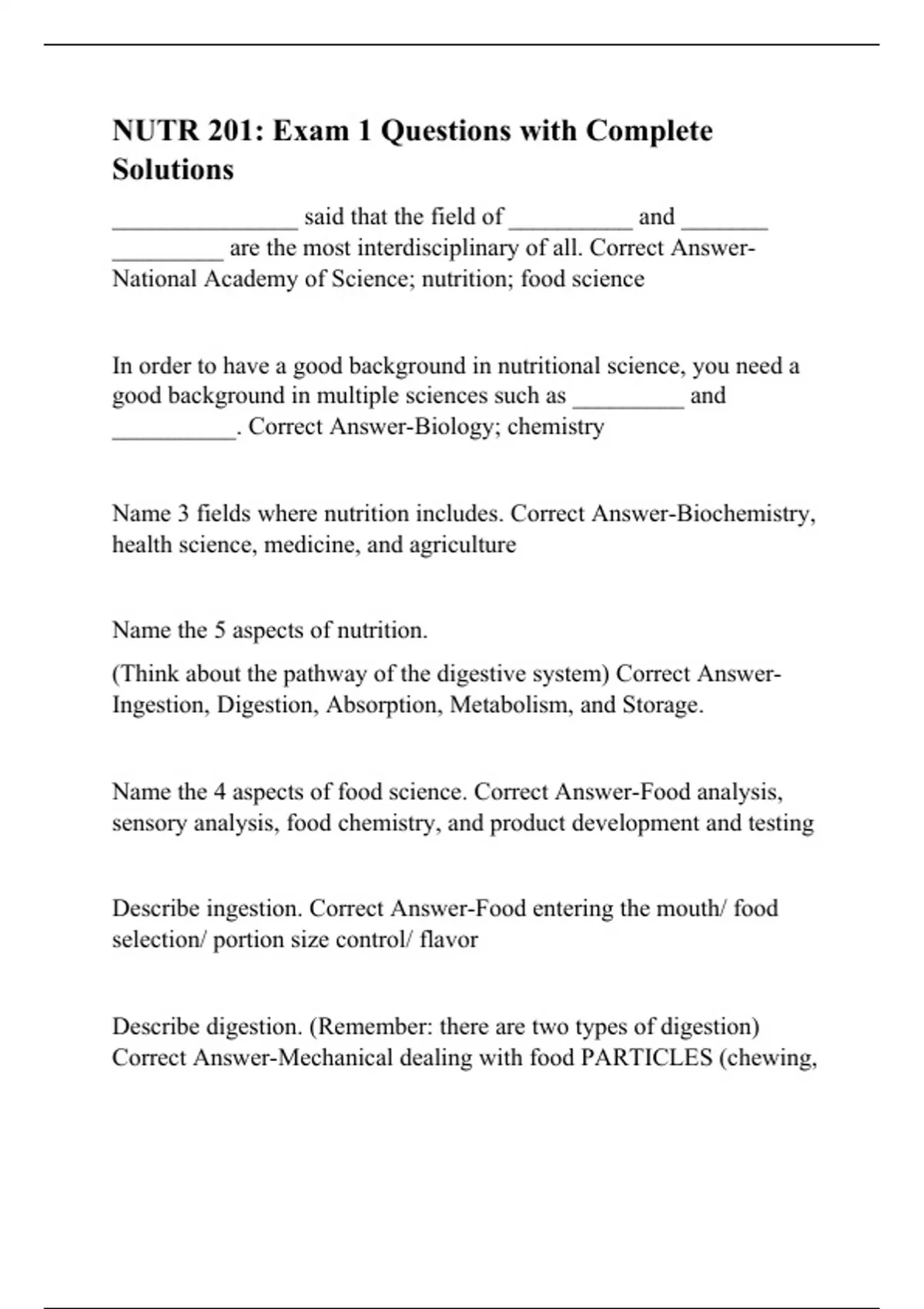 NUTR 201: Exam 1 Questions with Complete Solutions - NUTR 201 - Stuvia US