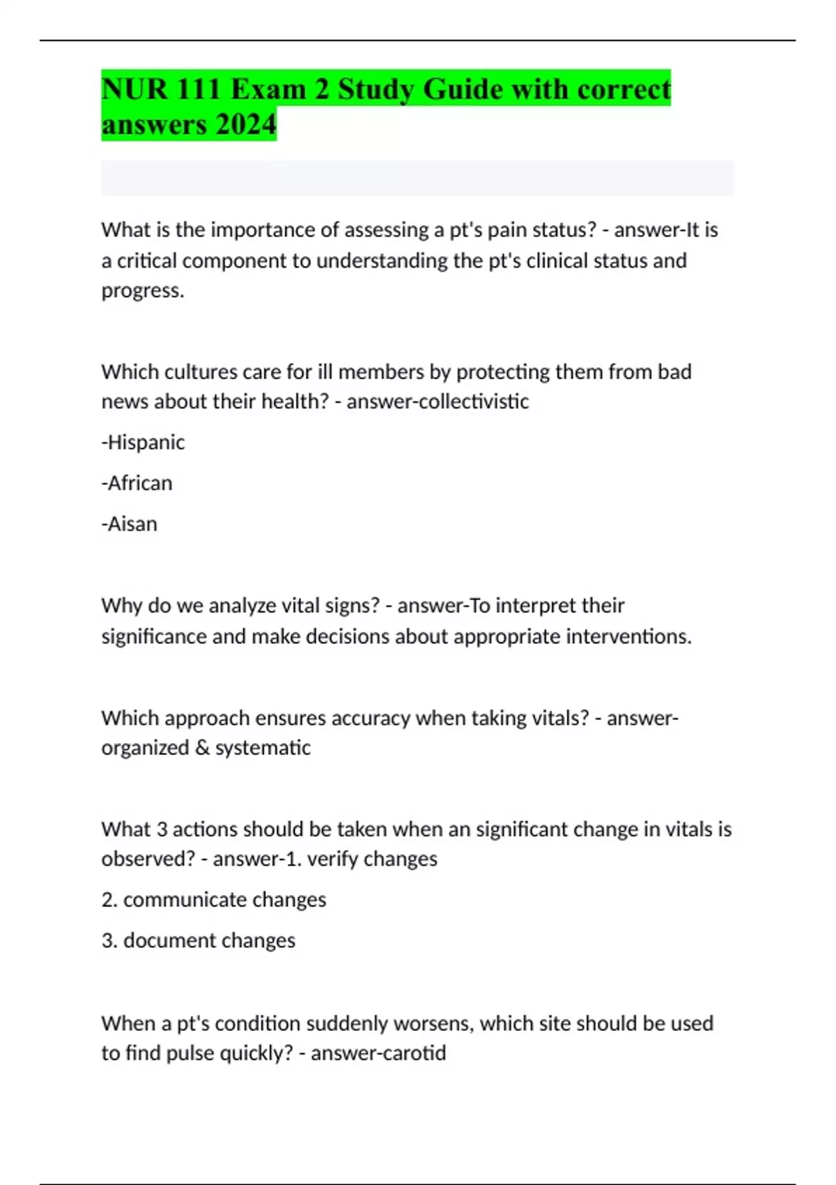 Nur 111 Exam 2 Study Guide With Correct Answers 2024 Nur 111 Stuvia Us