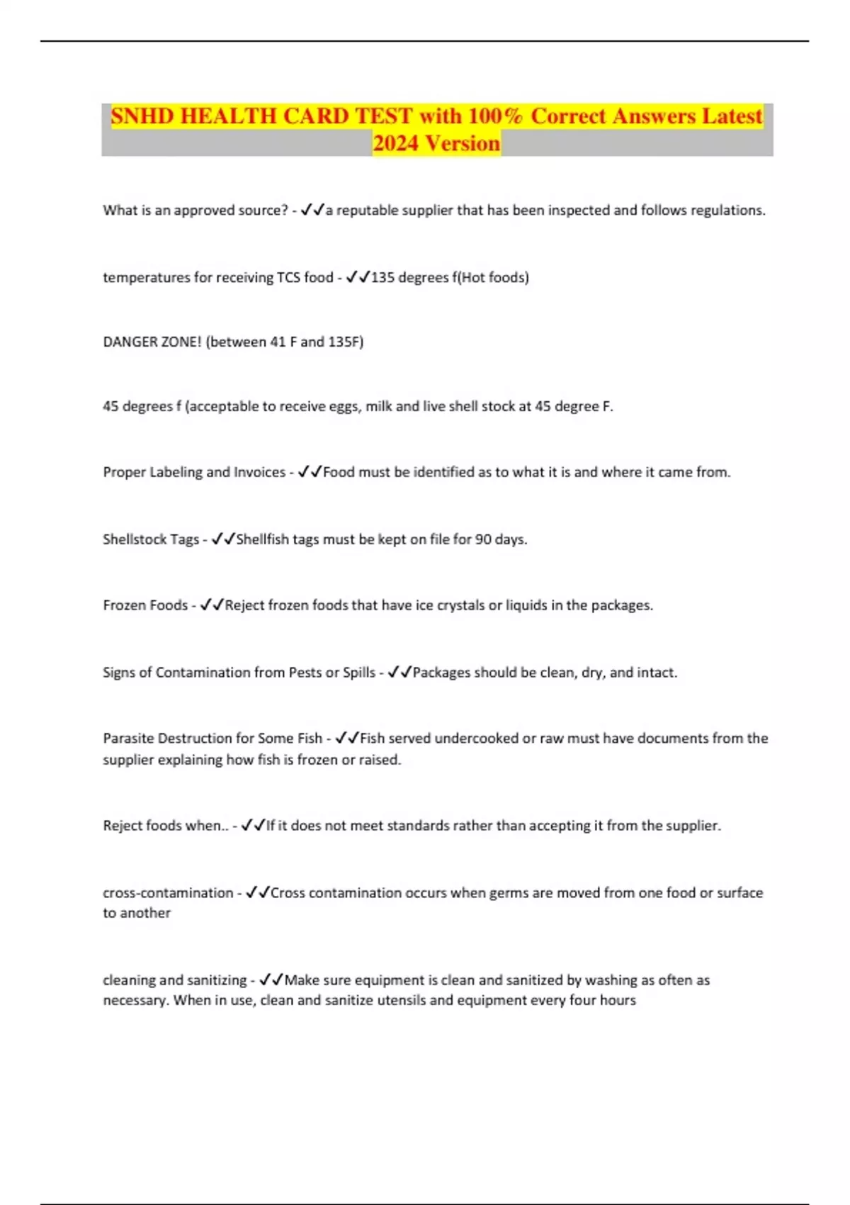 SNHD HEALTH CARD TEST with 100 Correct Answers Latest 2024 VersionSNHD