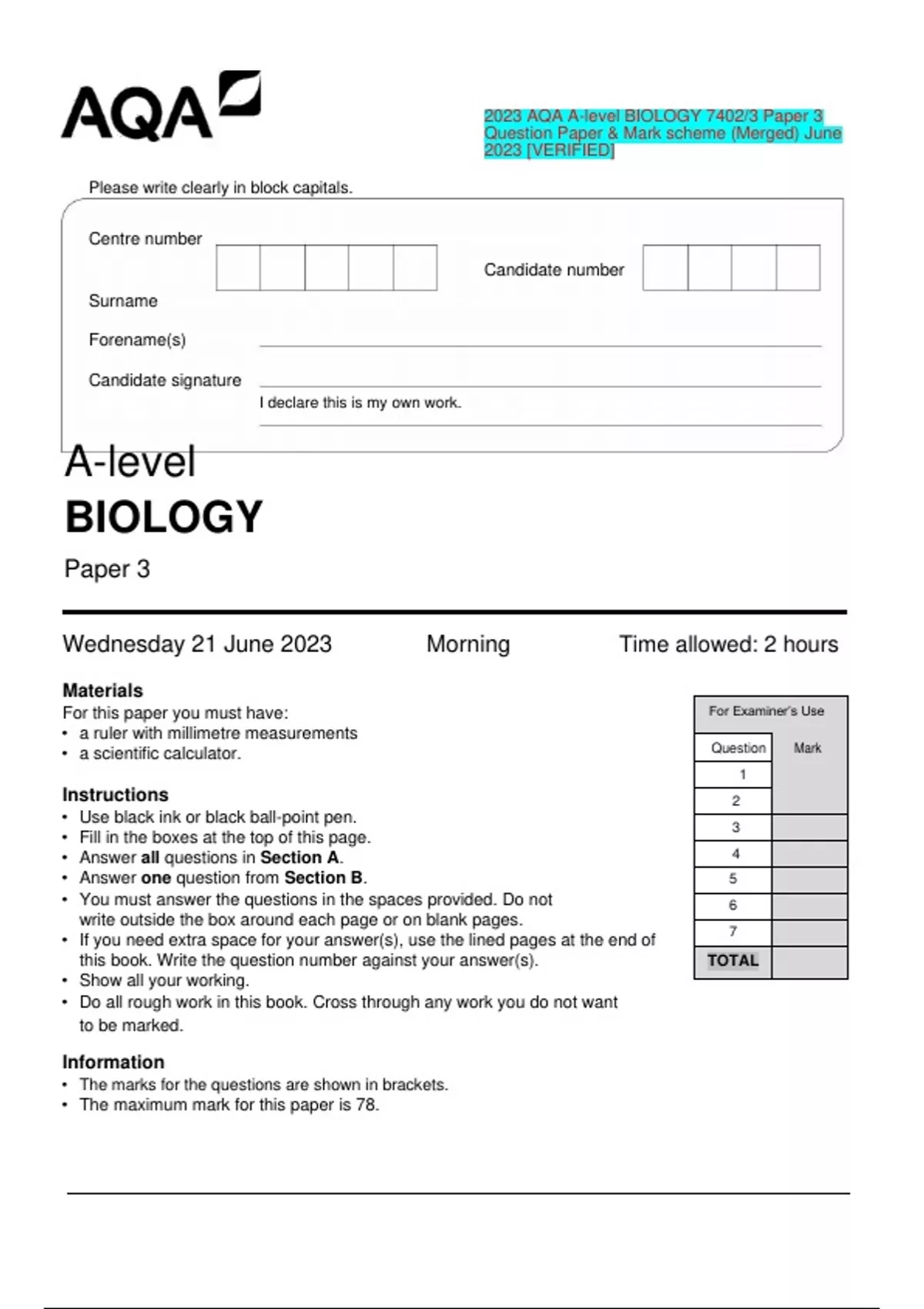 2023 AQA A-level BIOLOGY 7402/3 Paper 3 Question Paper & Mark scheme ...