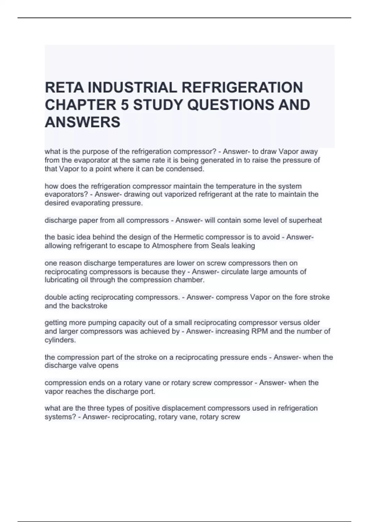 RETA INDUSTRIAL REFRIGERATION CHAPTER 5 STUDY QUESTIONS AND ANSWERS