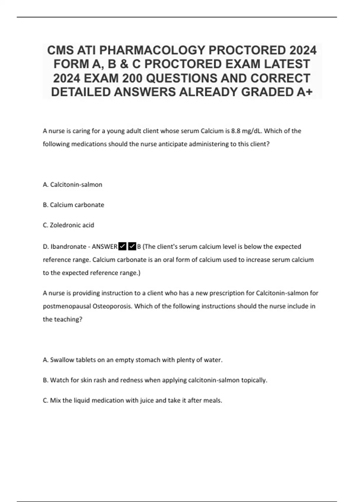 CMS ATI PHARMACOLOGY PROCTORED 2024 FORM A, B & C PROCTORED EXAM LATEST ...