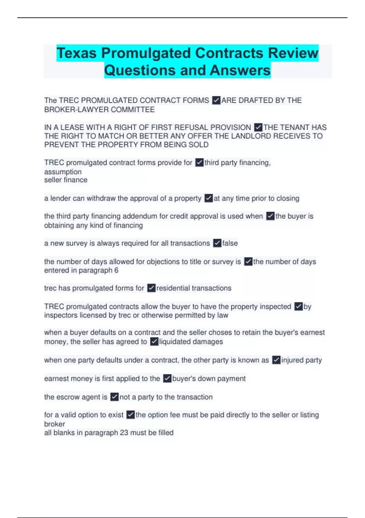 Texas Promulgated Contracts Review Questions and Answers Promulgated