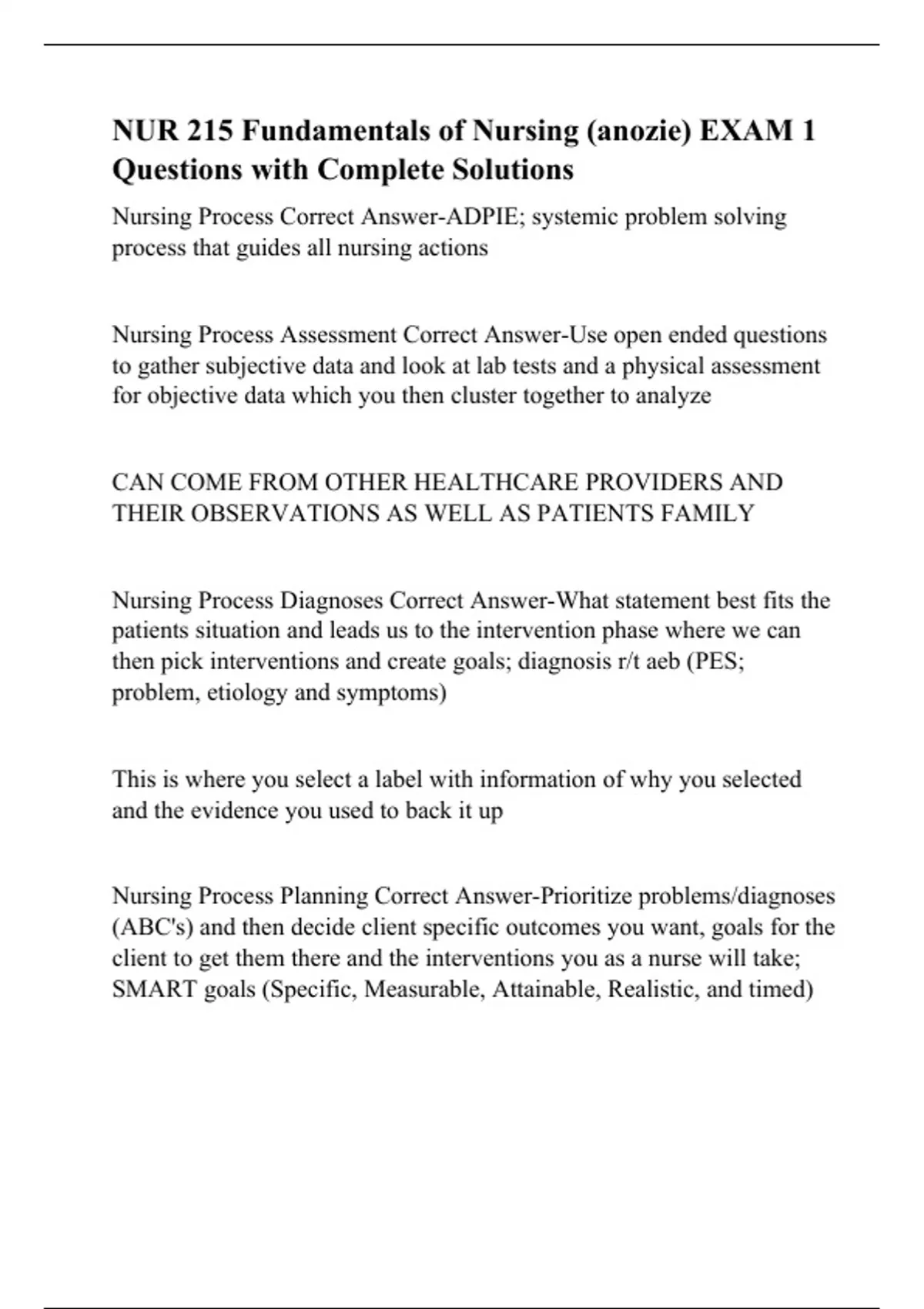 NUR 215 Fundamentals of Nursing (anozie) EXAM 1 Questions with Complete ...