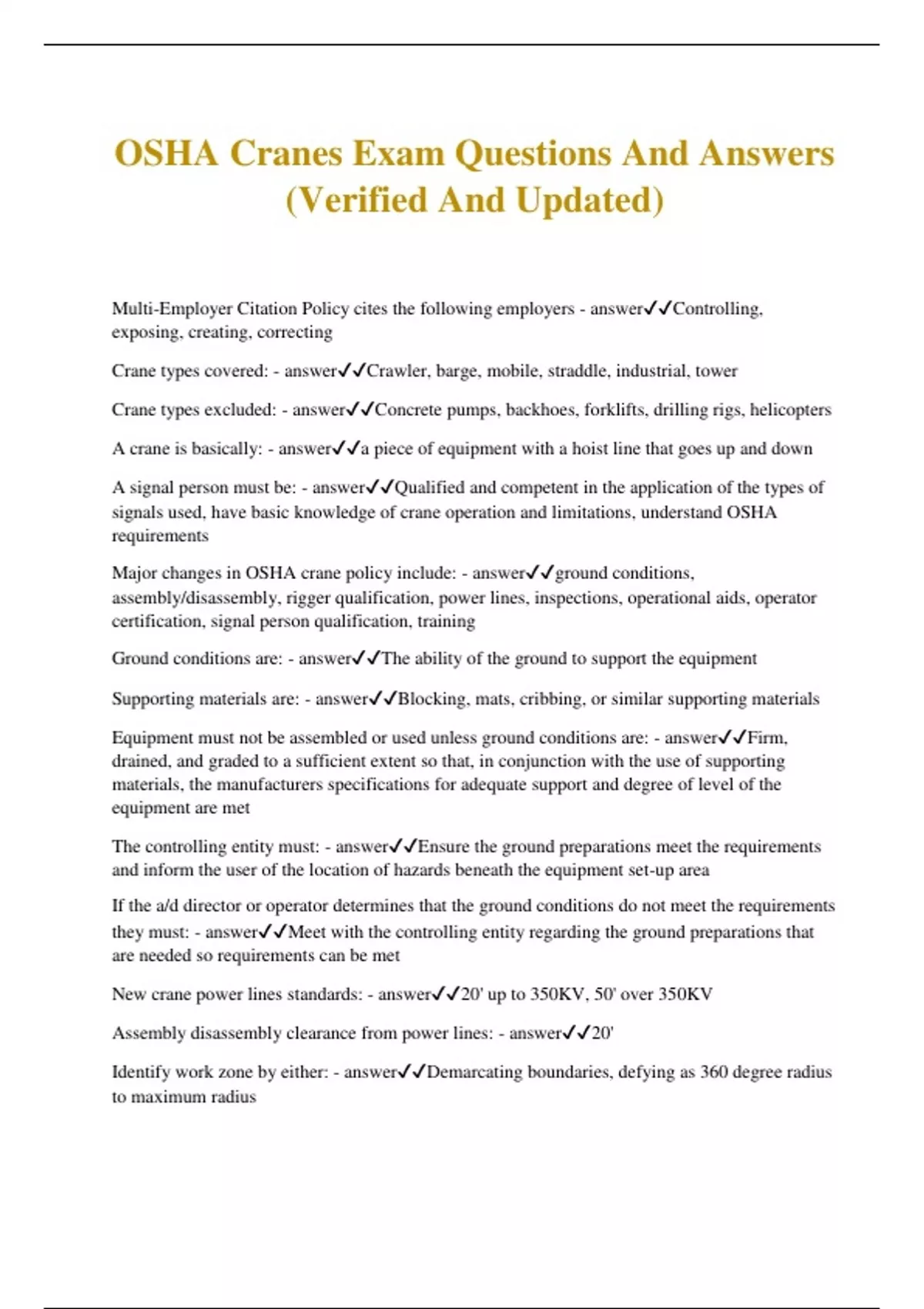 OSHA Cranes Exam Questions And Answers (Verified And Updated) Osha 30