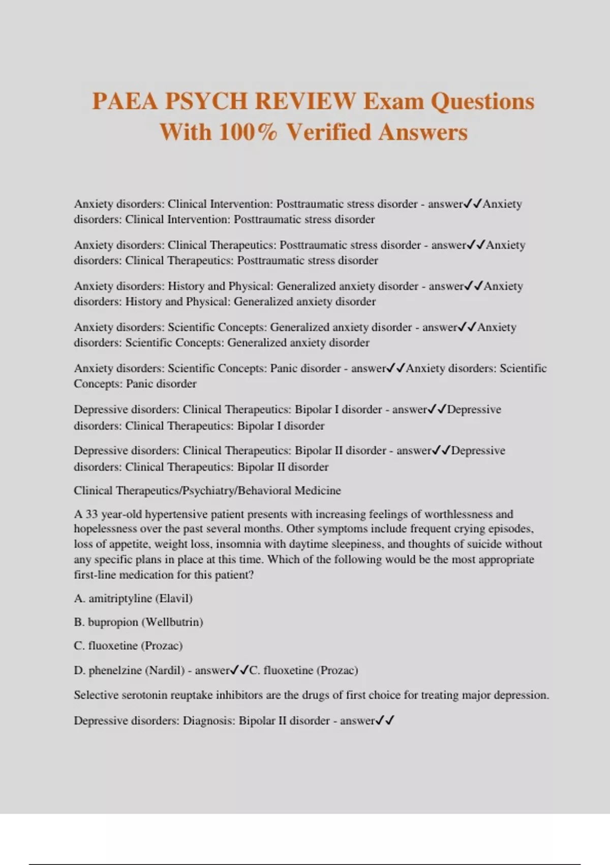 PAEA PSYCH REVIEW Exam Questions With 100% Verified Answers - PAEA ...