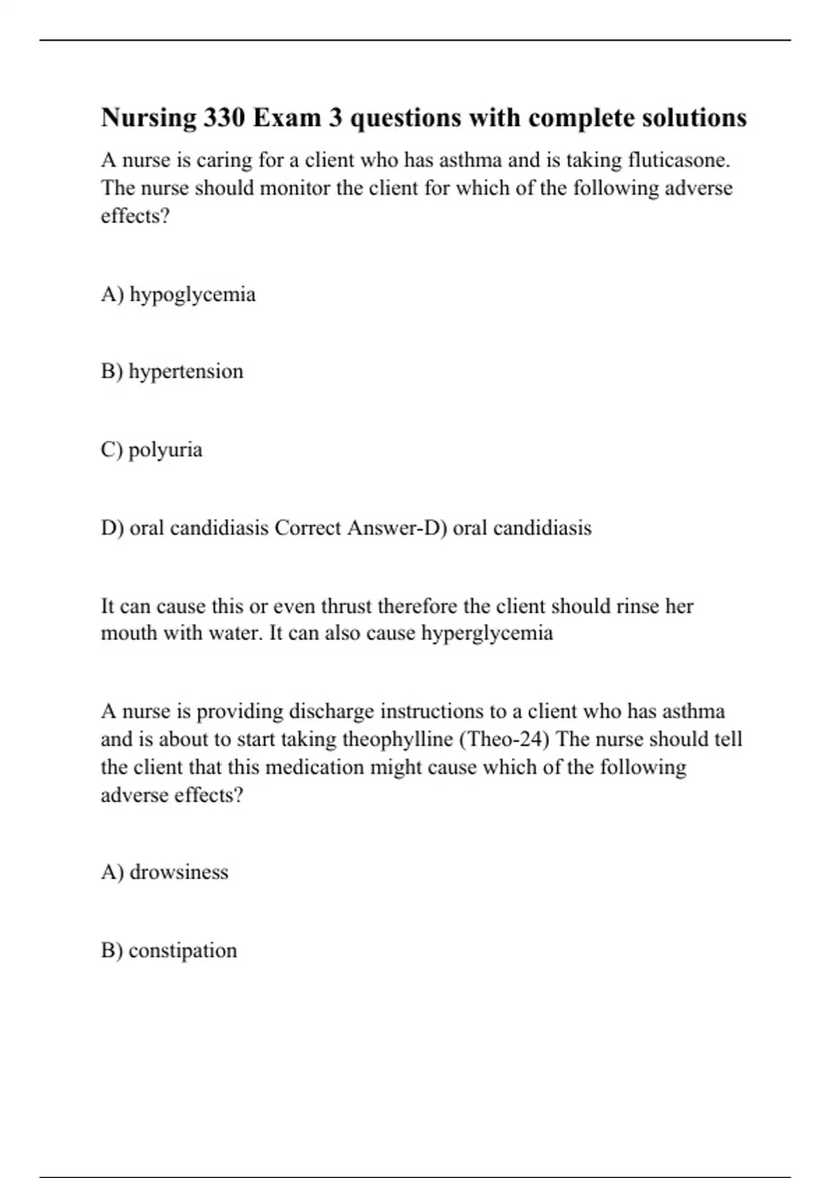 Nursing 330 Exam 3 questions with complete solutions - RN nursing ...