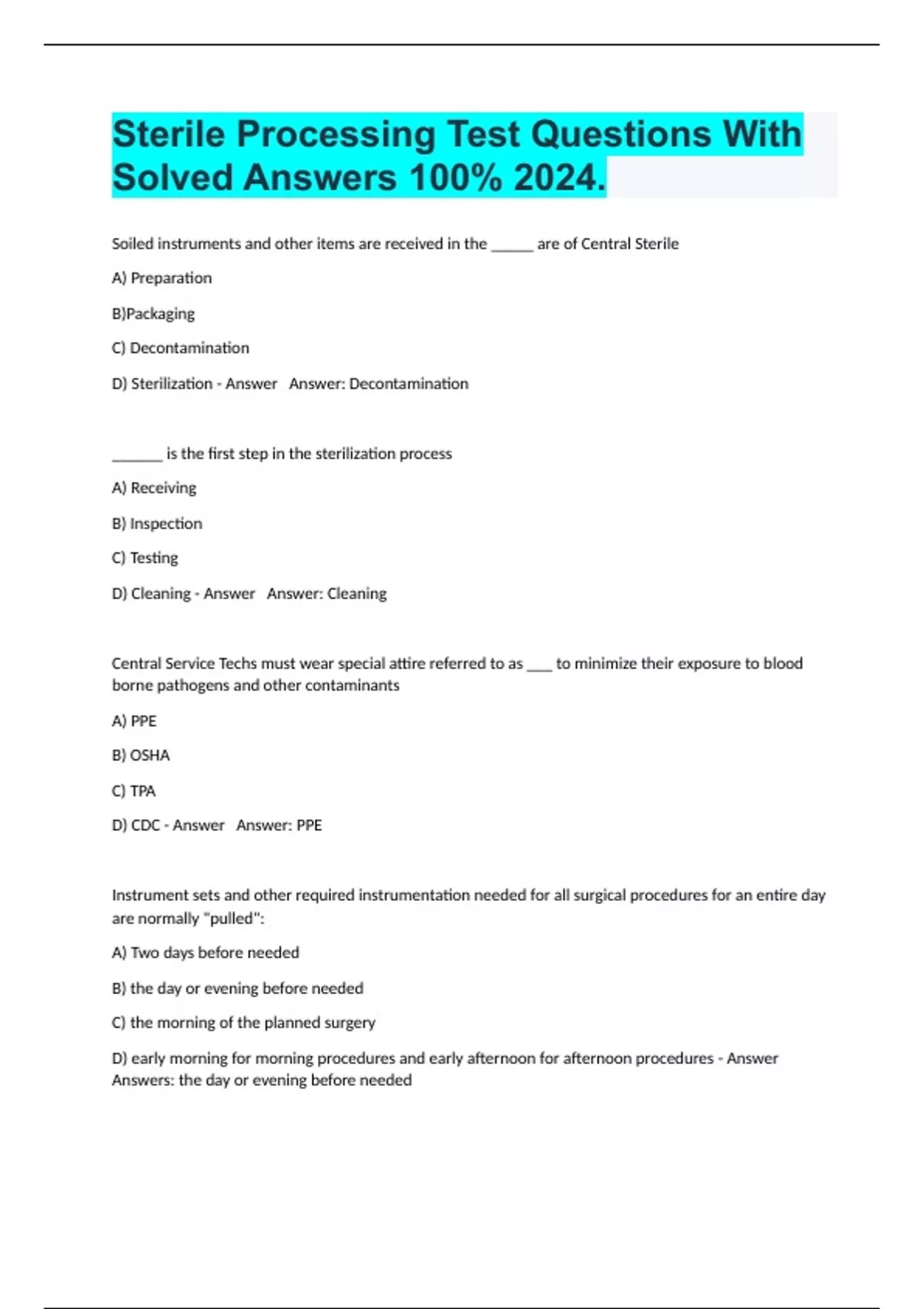 Sterile Processing Test Questions With Solved Answers 100 2024
