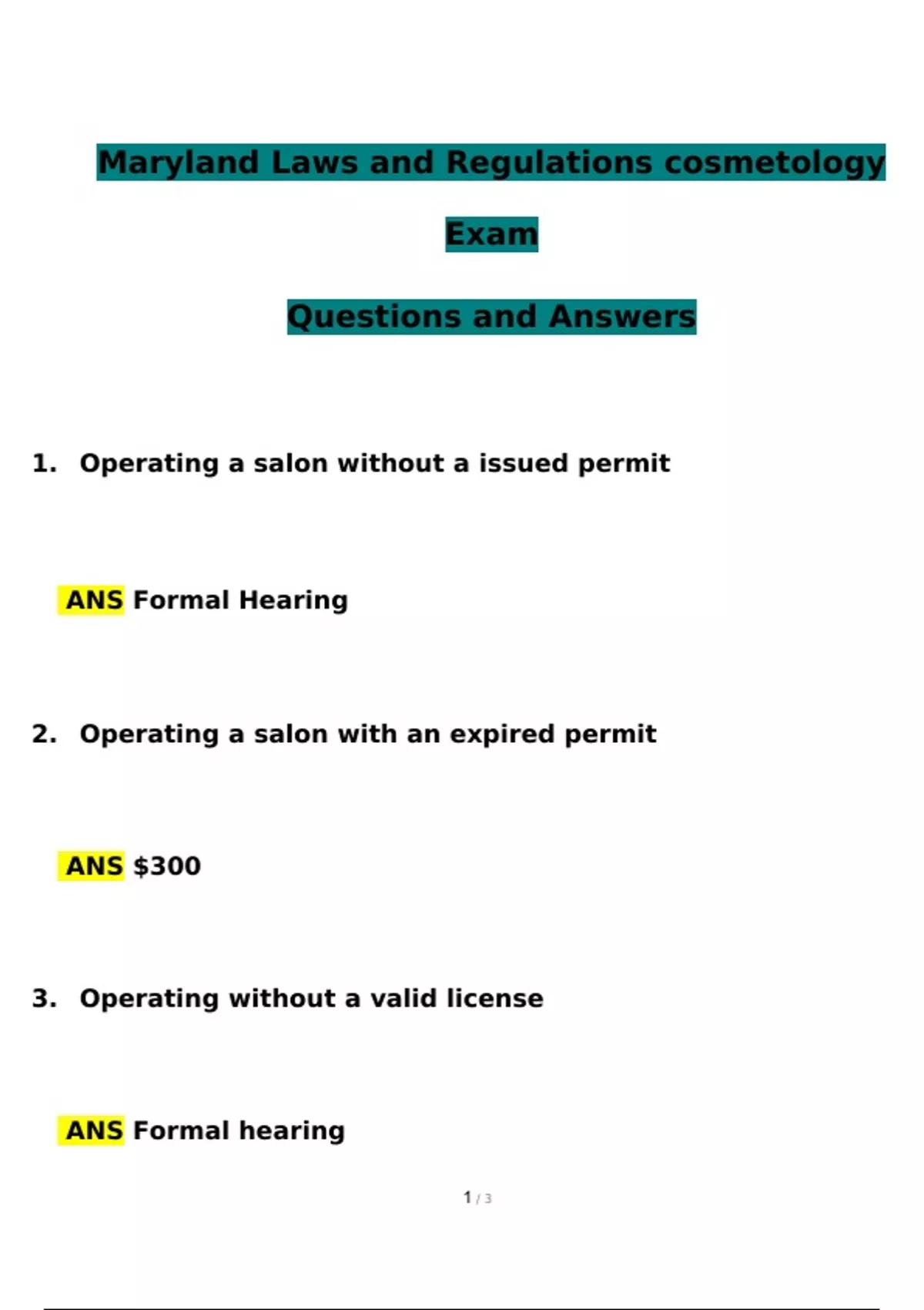Maryland Laws and Regulations cosmetology Exam Questions and Answers
