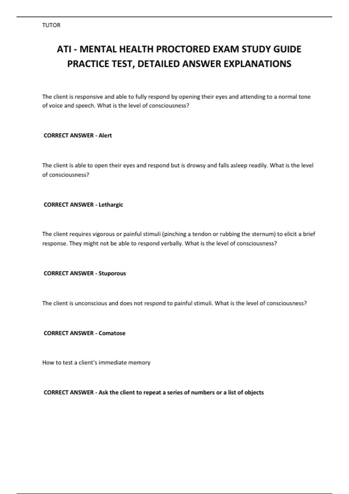 ATI - MENTAL HEALTH PROCTORED EXAM STUDY GUIDE PRACTICE TEST, DETAILED ...