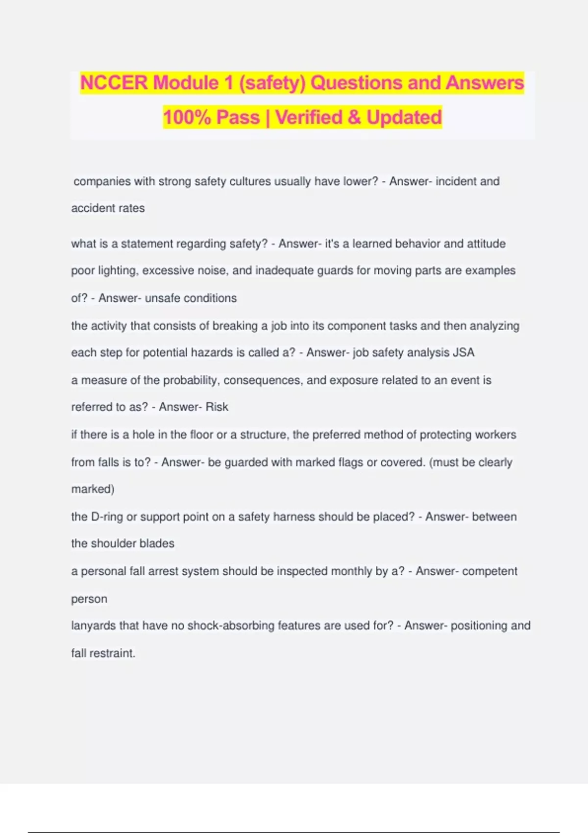 NCCER Module 1 (safety) Questions and Answers 100 Pass Verified