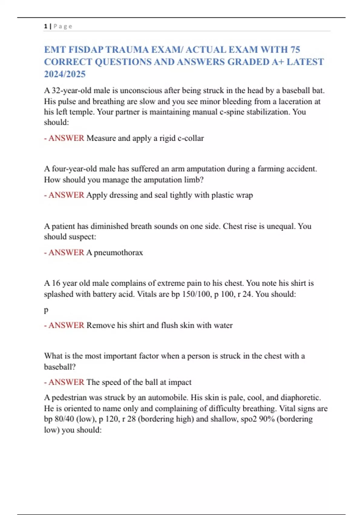 EMT FISDAP TRAUMA EXAM/ ACTUAL EXAM WITH 75 CORRECT QUESTIONS AND ...