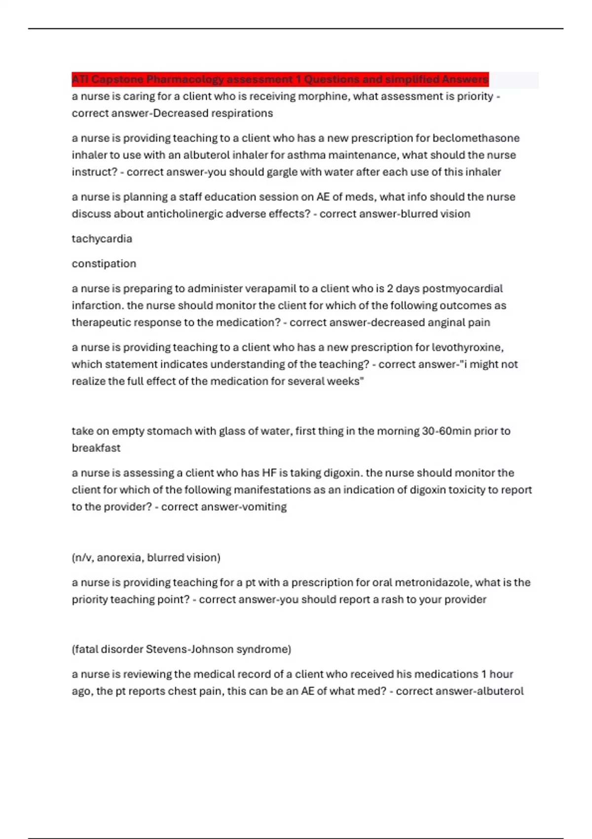ATI Capstone Pharmacology assessment 1 Questions and simplified Answers ...