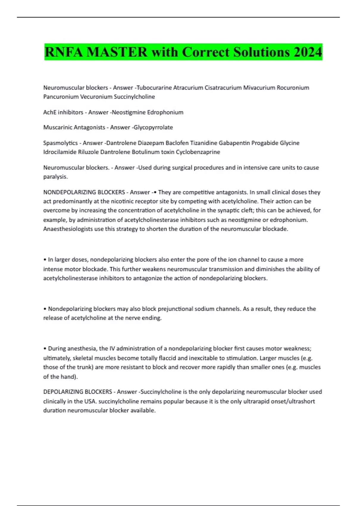 Package Deal for RNFA with Correct Solutions 2024 | 2025 - Stuvia US