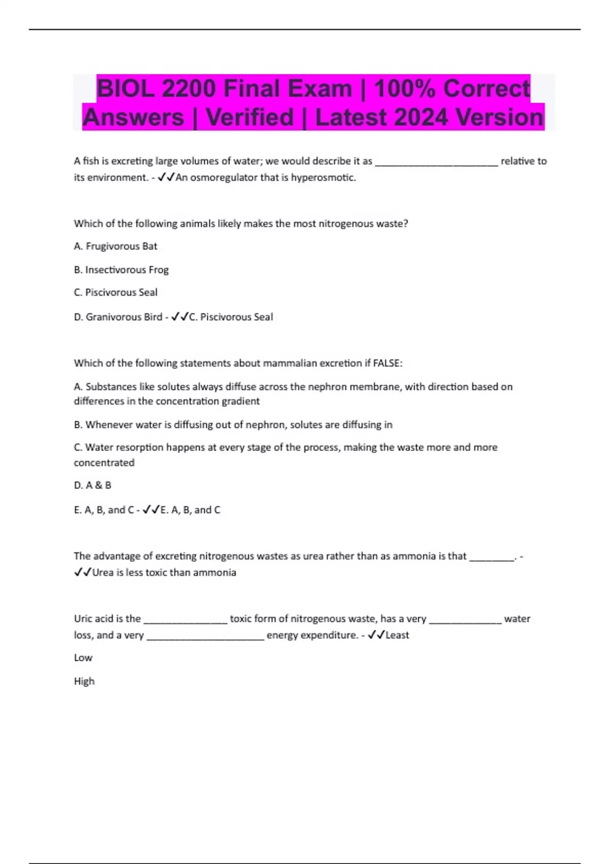 BIOL 2200 Bundled Exams Questions and Answers Latest Versions (2024/ ...