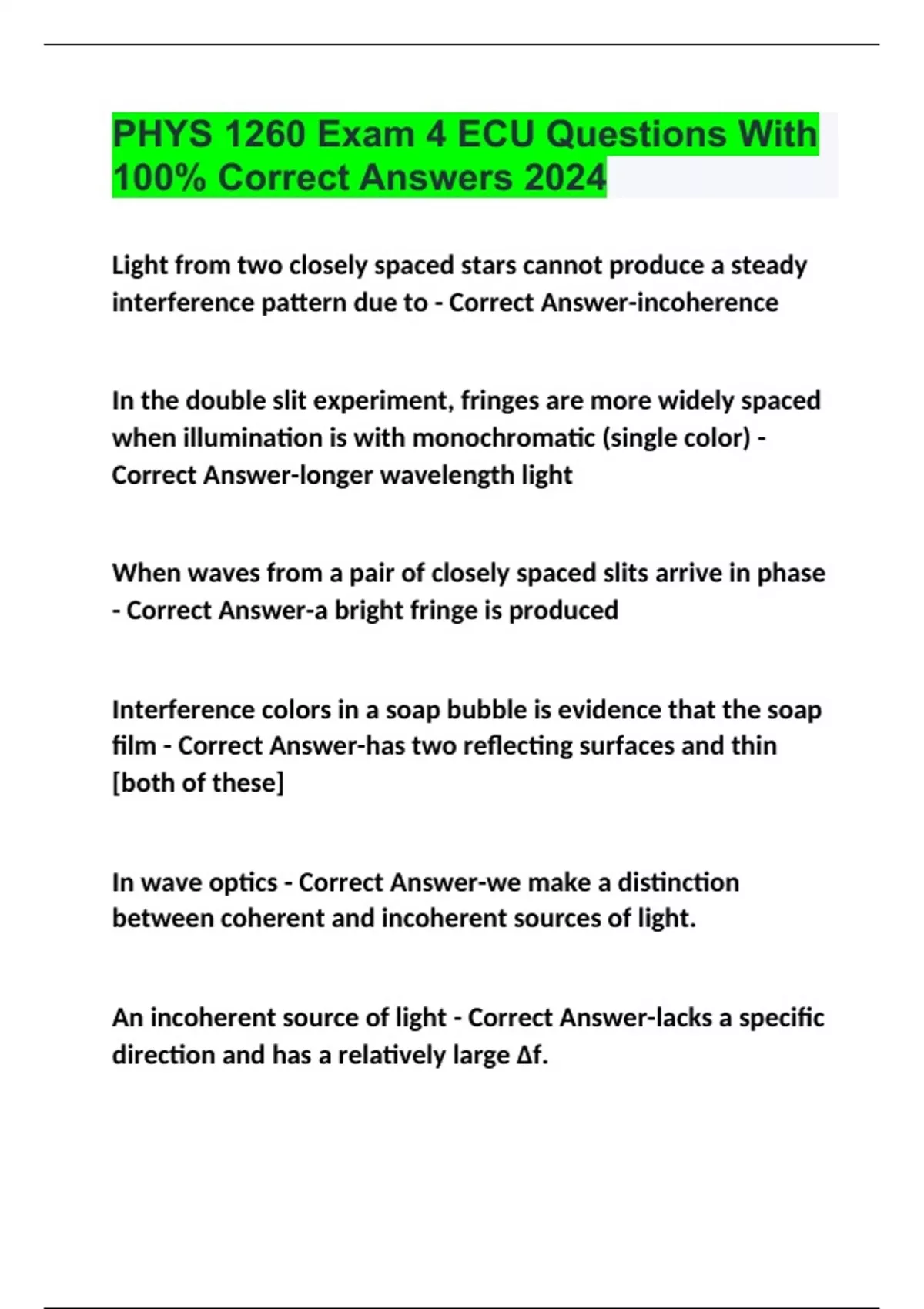 PHYS 1260 Exam 4 ECU Questions With 100% Correct Answers 2024 - PHYS ...