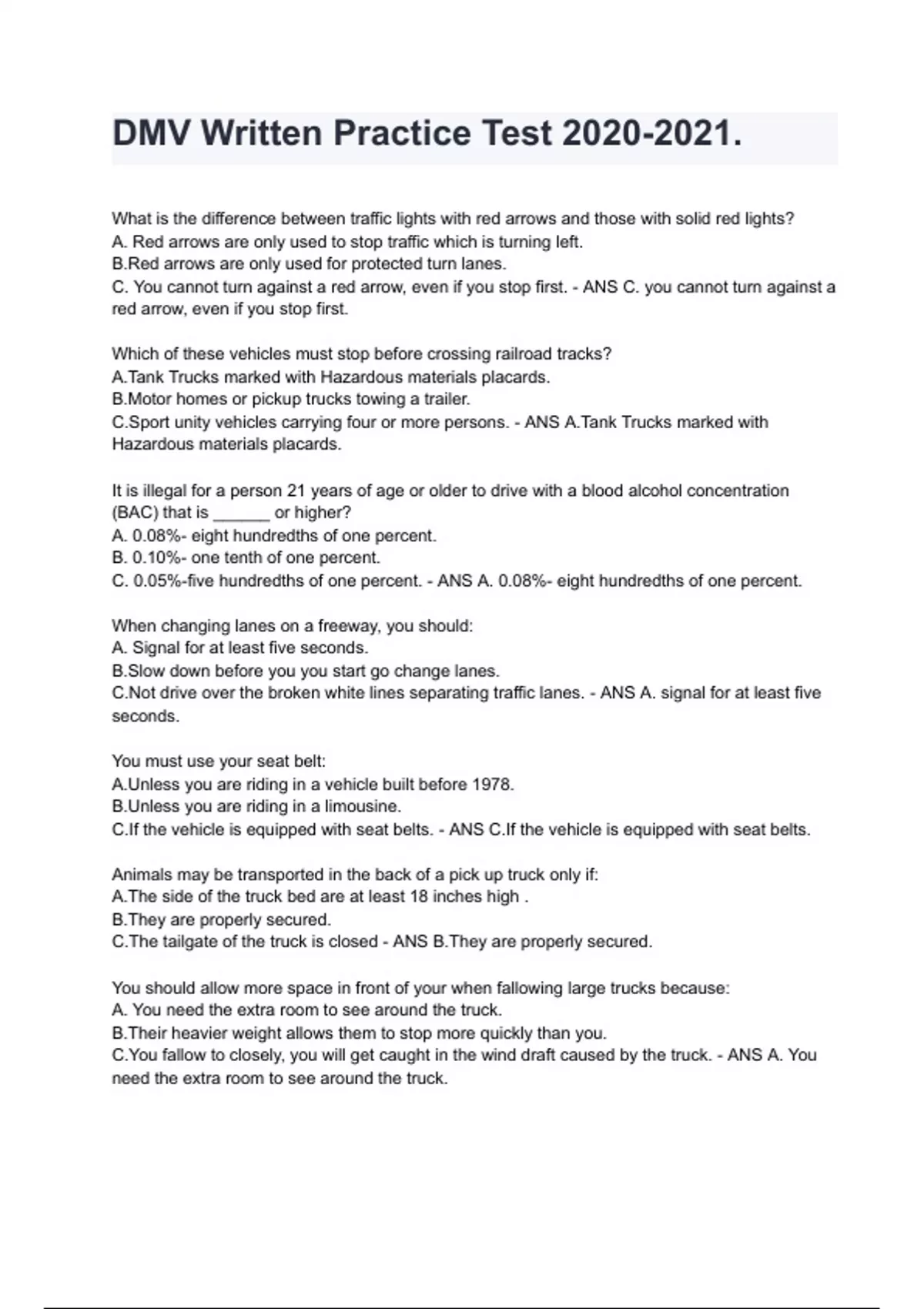 DMV Written Practice Test Exam Questions With Completed Solutions ...