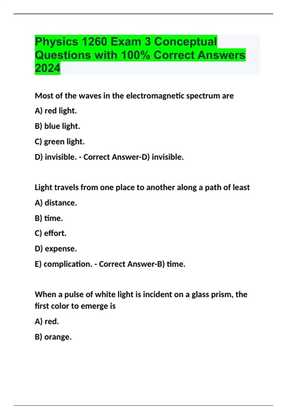 Physics 1260 Exam 3 Conceptual Questions with 100% Correct Answers 2024 ...