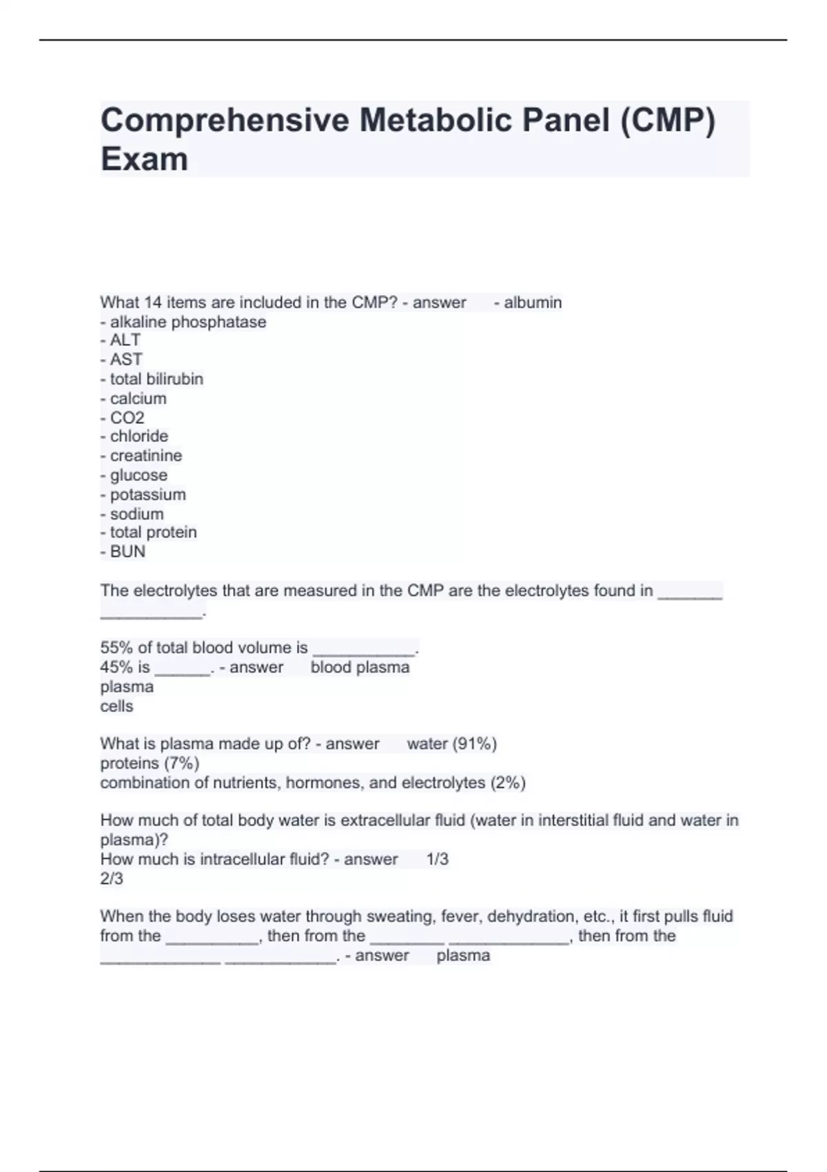 Comprehensive Metabolic Panel (CMP) Exam Questions and Answers 2024 ...