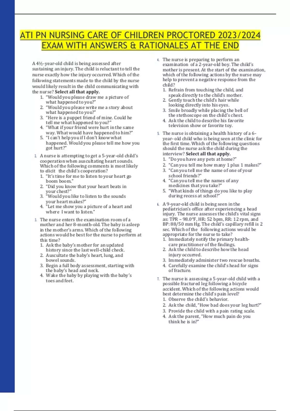 ATI PN NURSING CARE OF CHILDREN PROCTORED 2023/2024 EXAM WITH ANSWERS ...