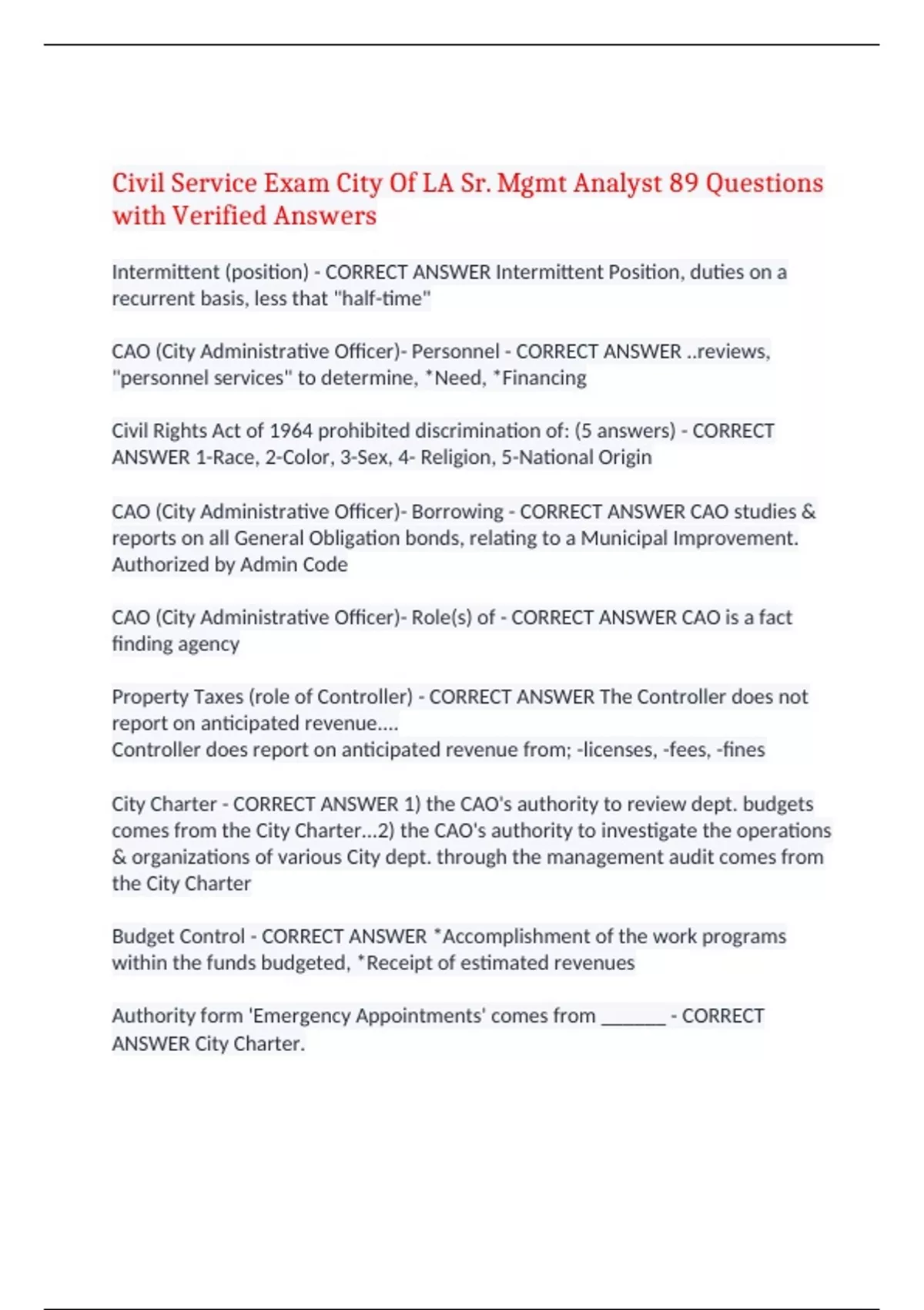 Civil Service Exam City Of LA Sr. Mgmt Analyst 89 Questions with ...