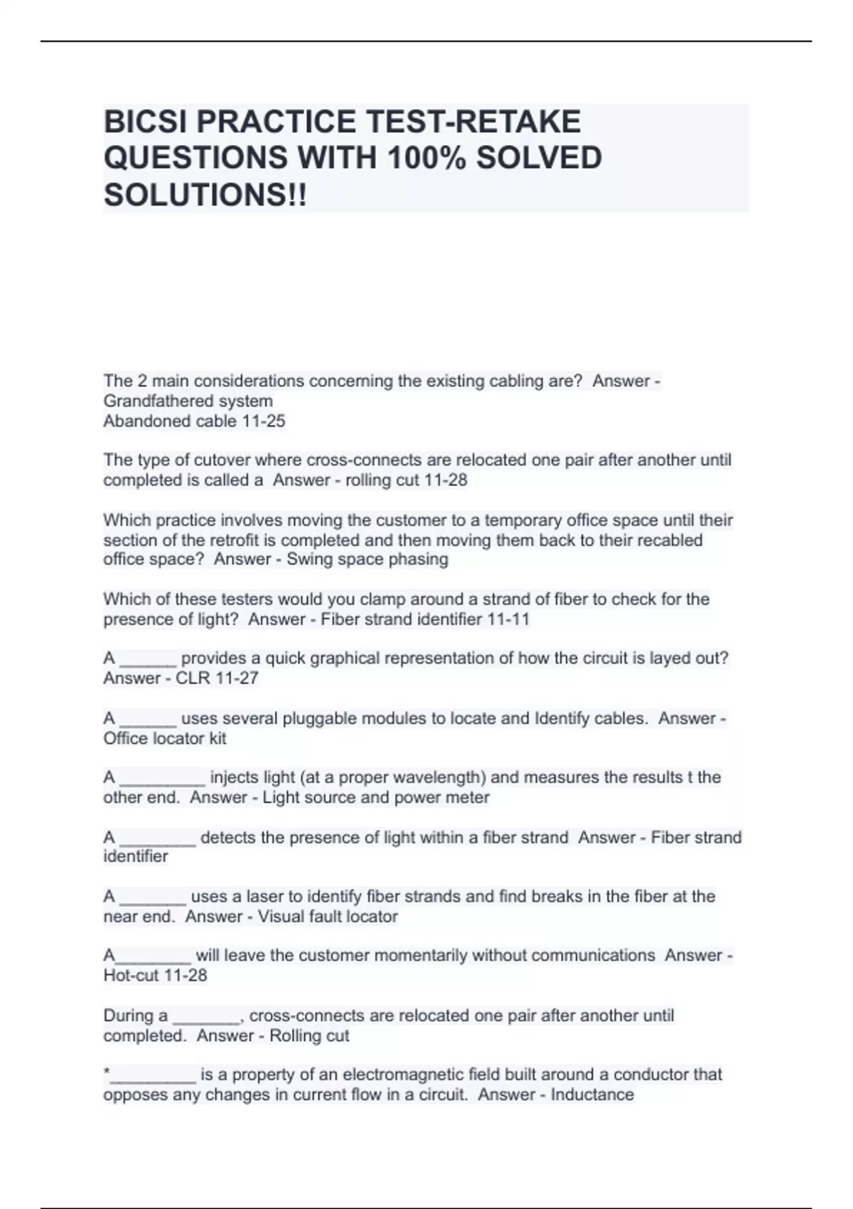 BICSI PRACTICE TEST-RETAKE QUESTIONS WITH 100% SOLVED SOLUTIONS ...