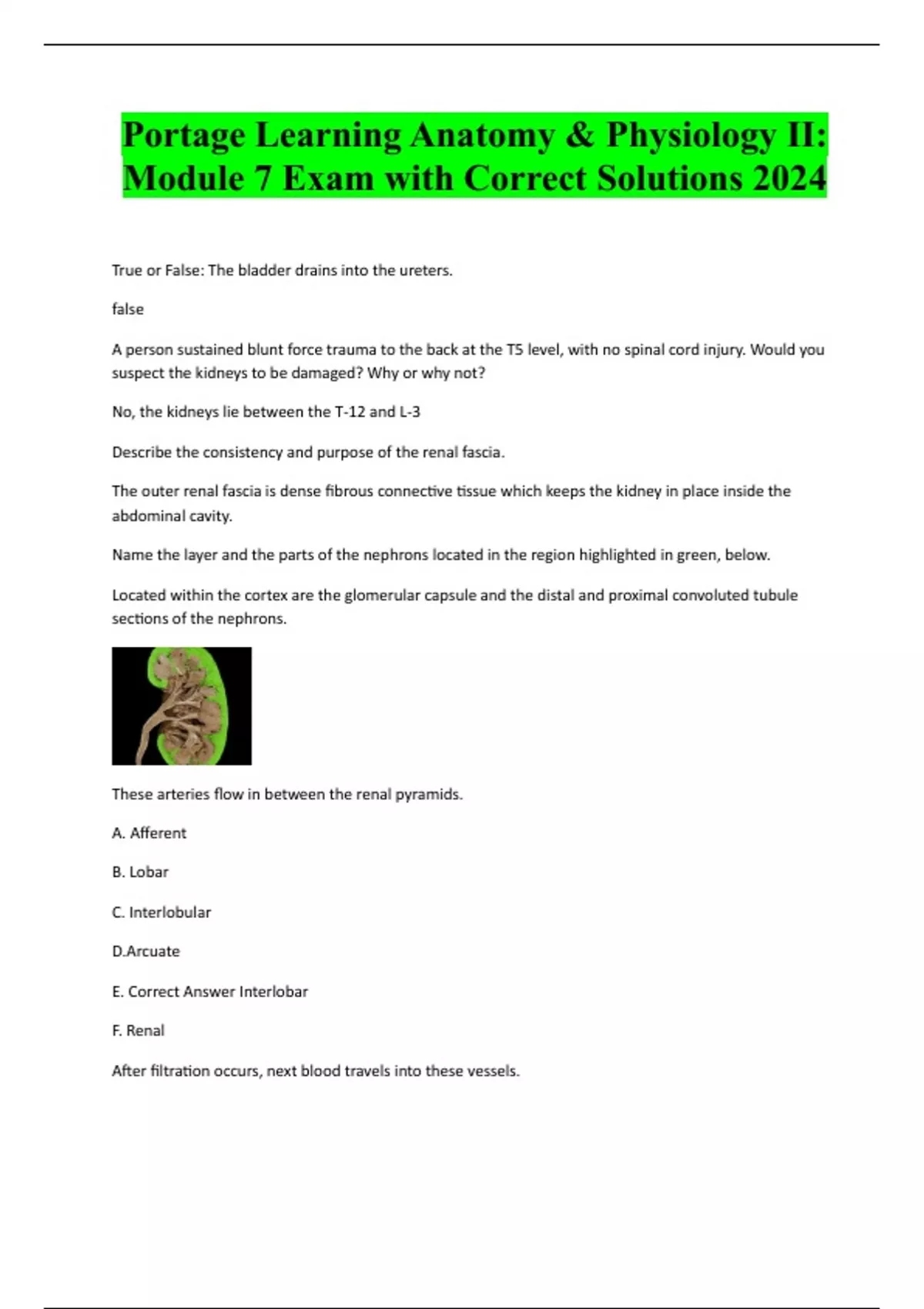 Portage Learning Anatomy & Physiology II: Module 7 Exam with Correct ...