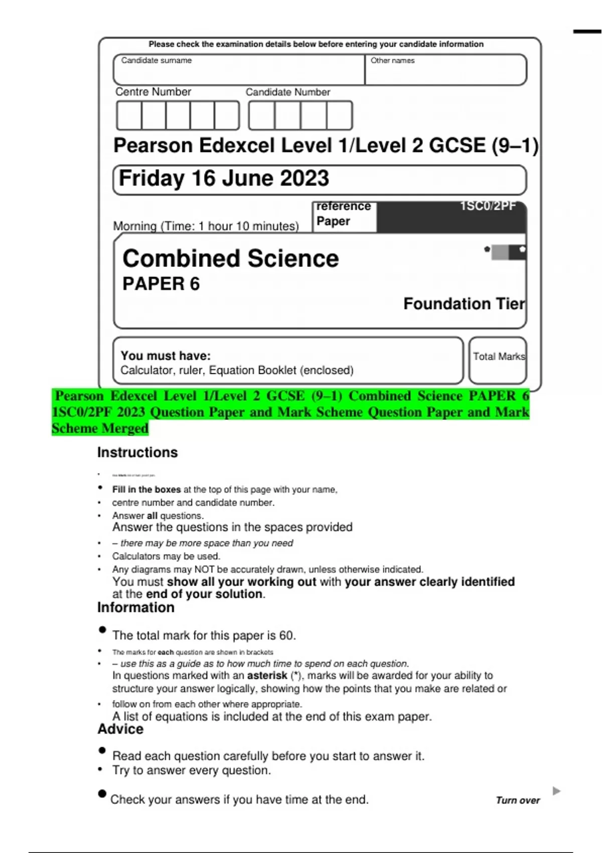 Pearson Edexcel Level 1/Level 2 GCSE (91) Combined Science PAPER 6