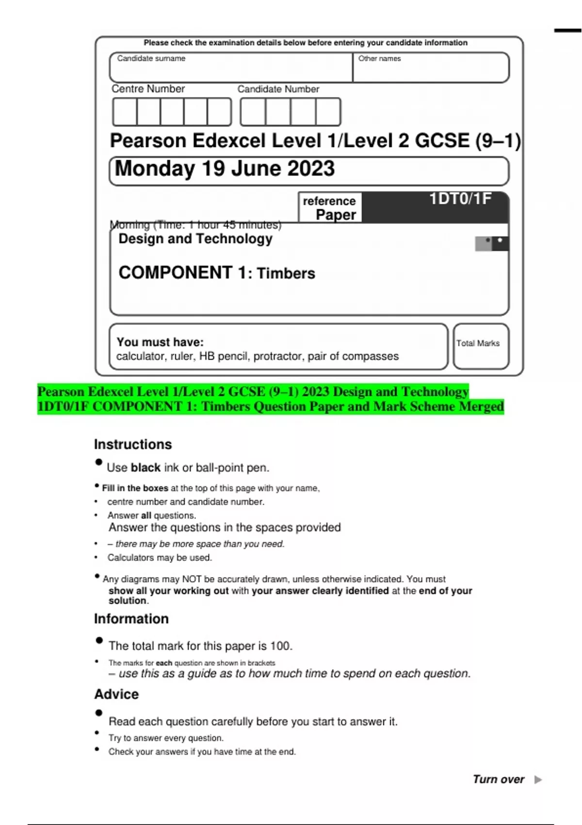 Pearson Edexcel Level 1/Level 2 GCSE (9–1) 2023 Design and Technology ...