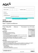 2023 AQA GCSE PSYCHOLOGY 8182/1 Paper 1 Cognition and Behaviour Question Paper & Mark scheme (Merged) June 2023 [VERIFIED]